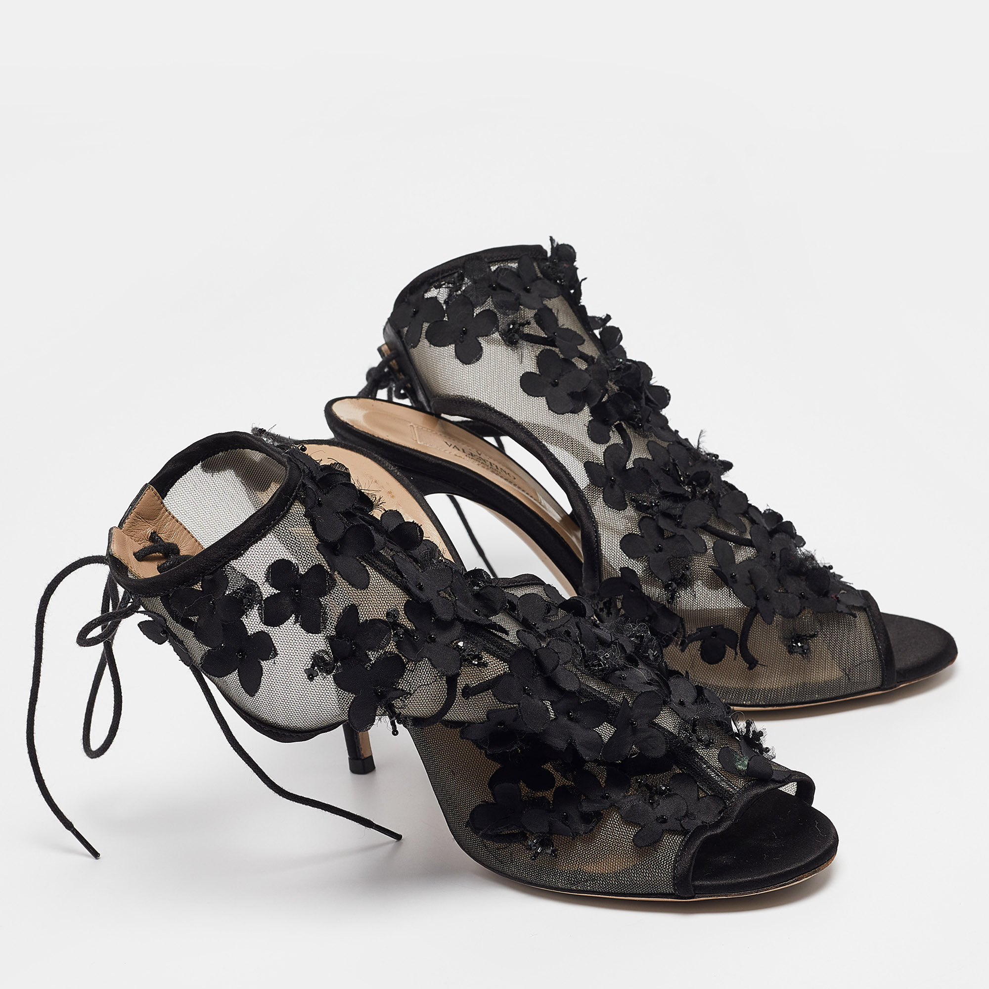 Valentino Black Mesh Floral Applique Ankle Tie Sandals Size 39