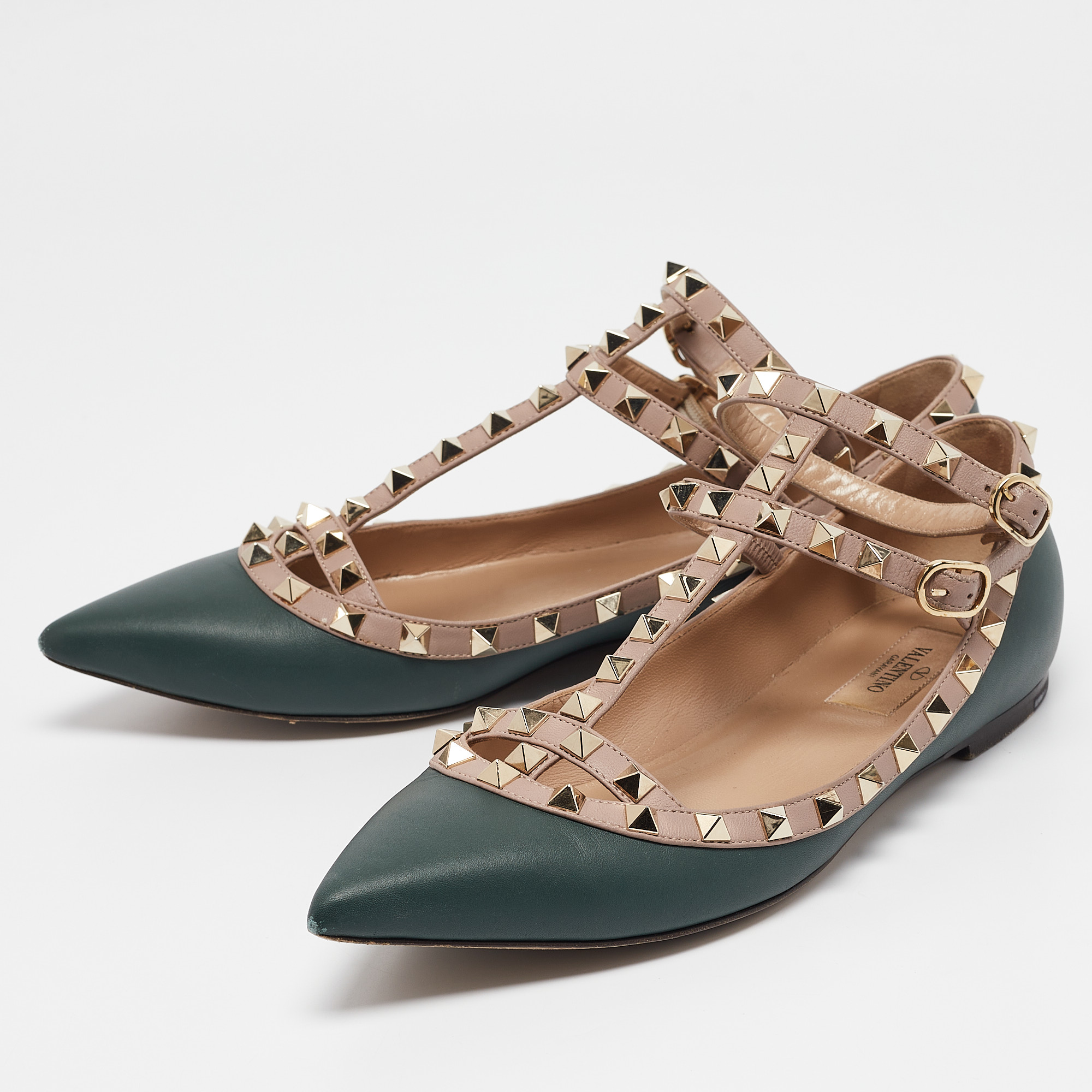 Valentino Green/Pink Leather Rockstud Caged Ballet Flats Size 38.5