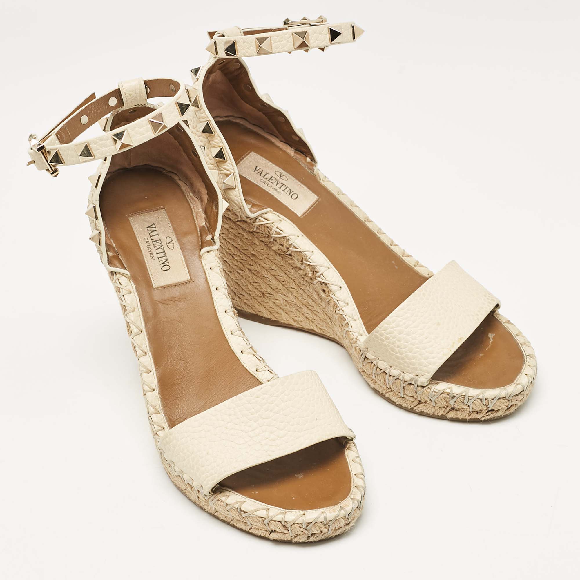 Valentino Cream Leather Rockstud Wedge Sandals Size 36