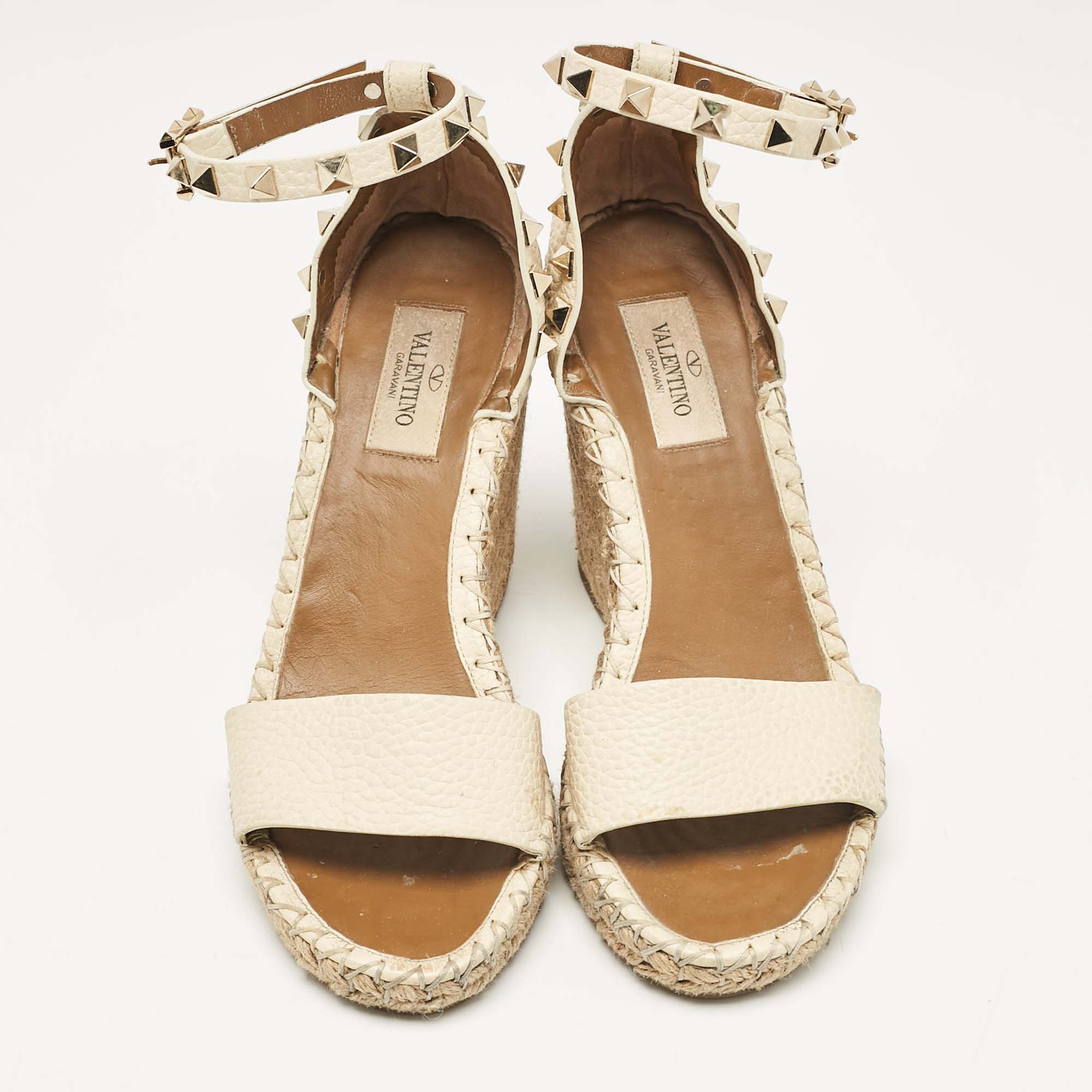 Valentino Cream Leather Rockstud Wedge Sandals Size 36