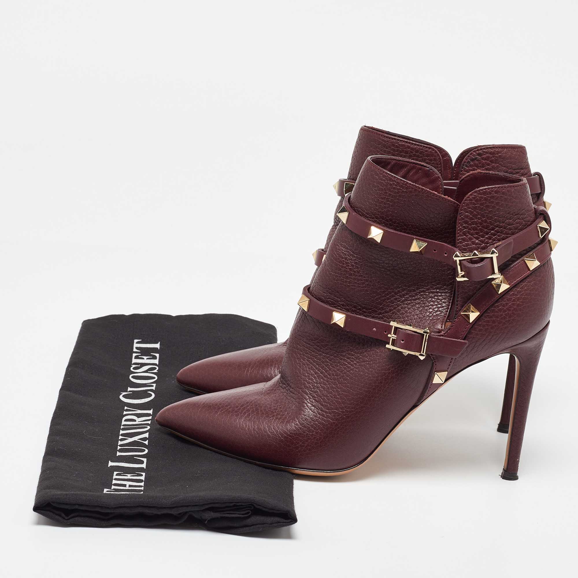 Valentino Burgundy Leather Rockstud Ankle Length Boots Size 37