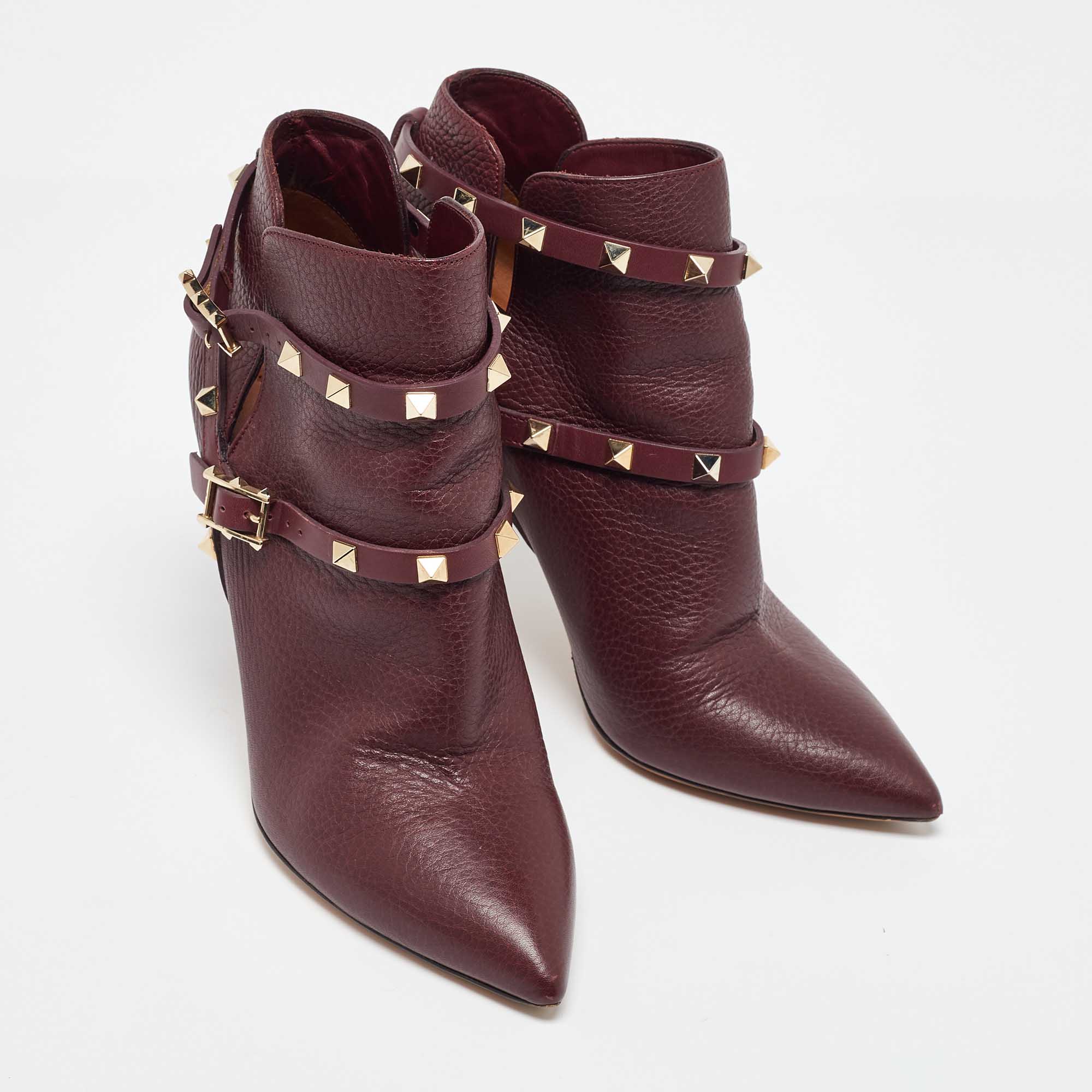 Valentino Burgundy Leather Rockstud Ankle Length Boots Size 37