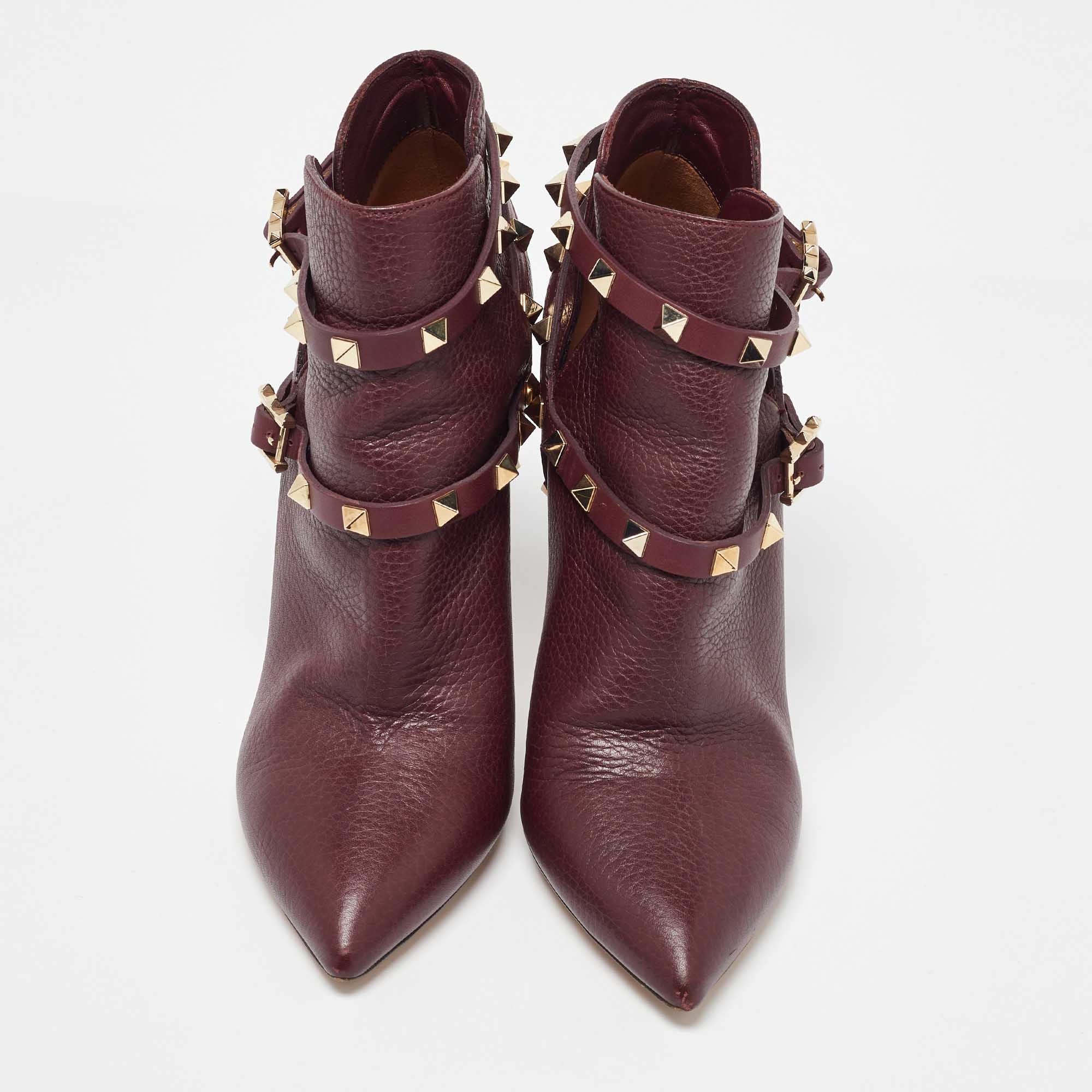 Valentino Burgundy Leather Rockstud Ankle Length Boots Size 37