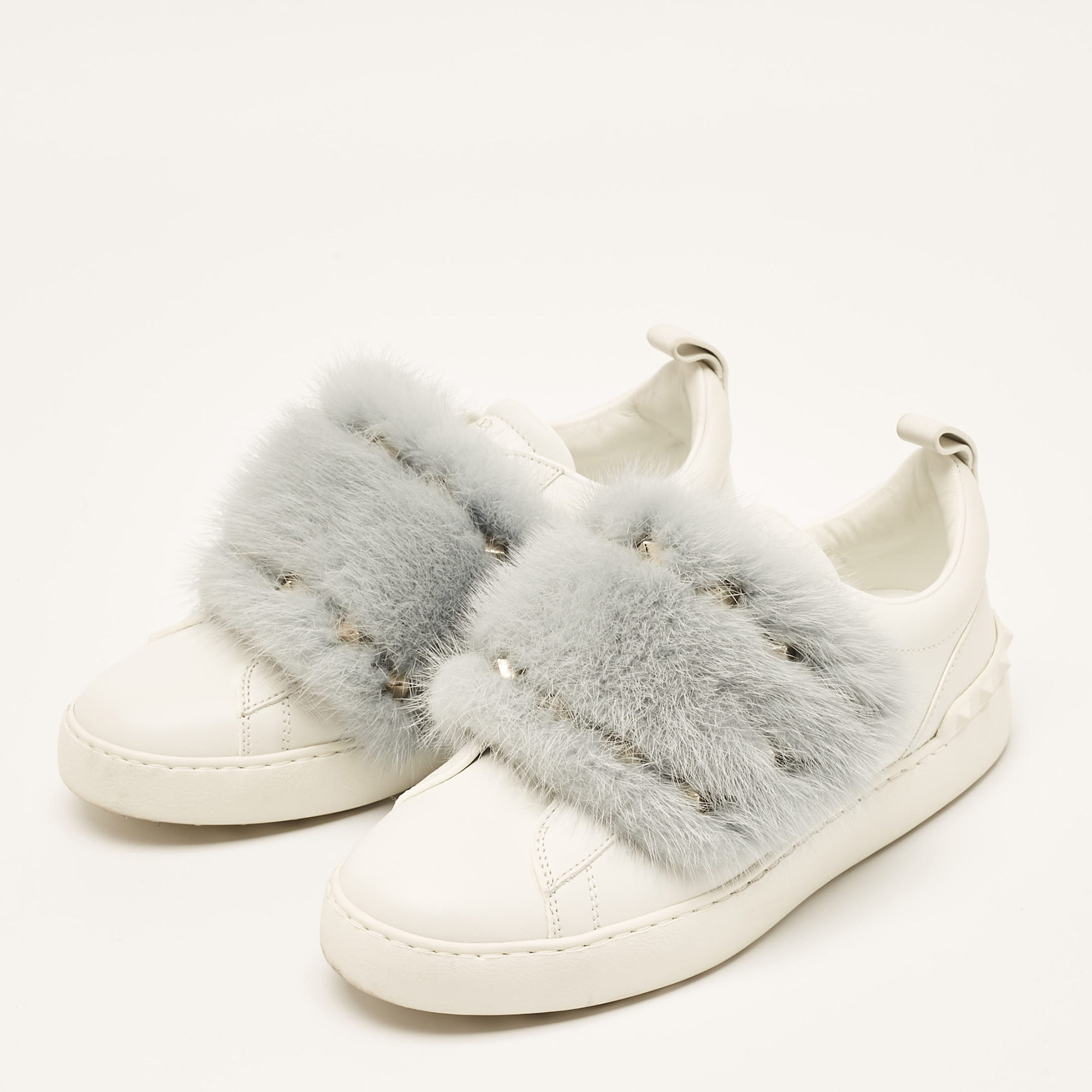 Valentino White Leather And Mink Fur Rockstud Low Top Sneakers Size 37.5