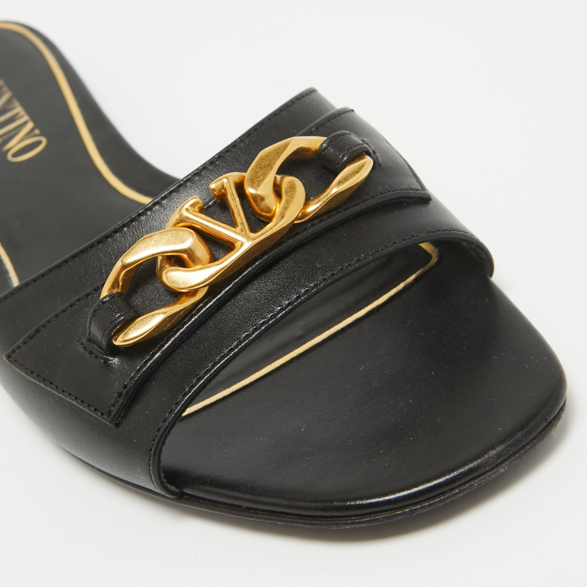 Valentino Black Leather VLogo Flat Slides Size 39