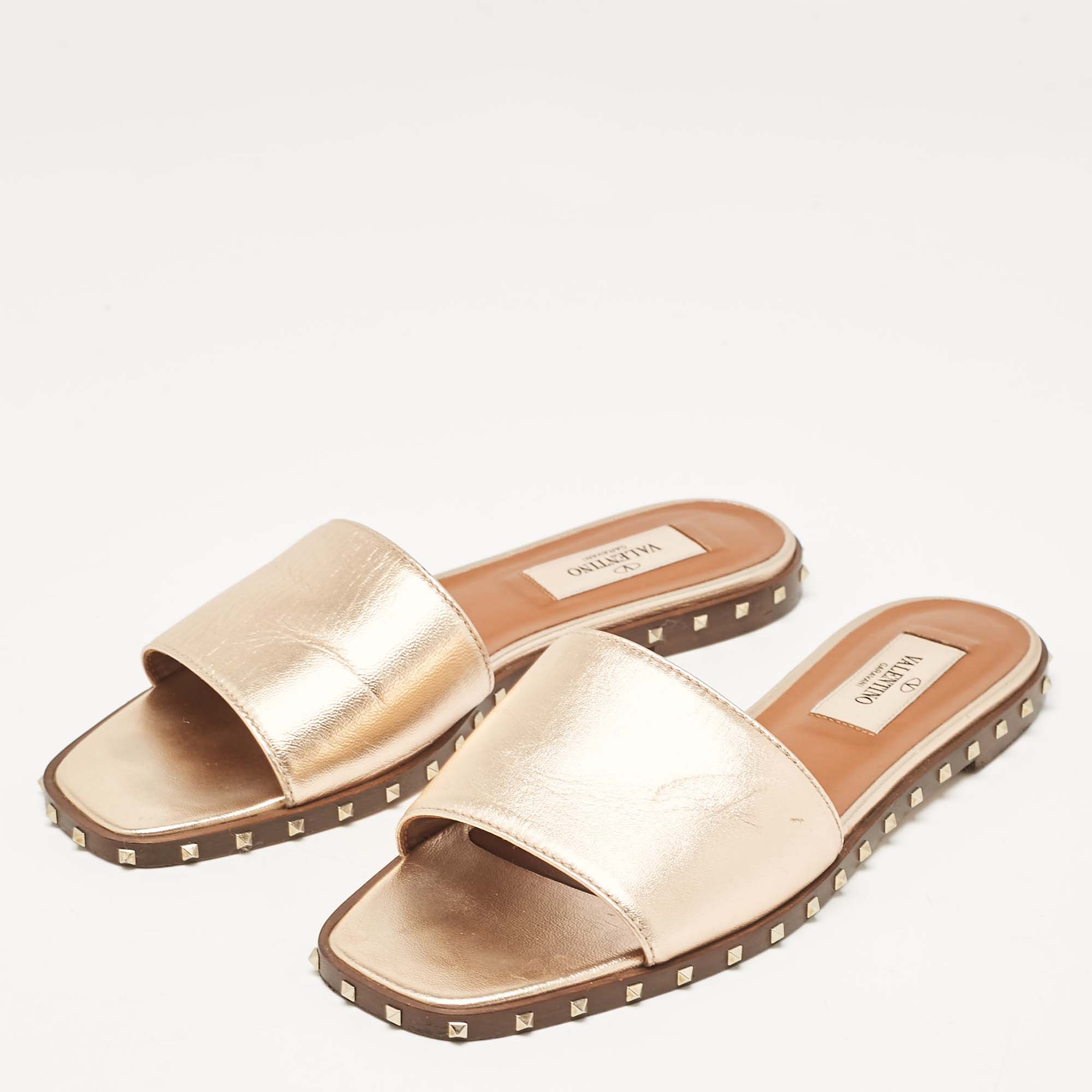 Valentino Metallic Leather Soul Rockstud Flat Slides Size 35