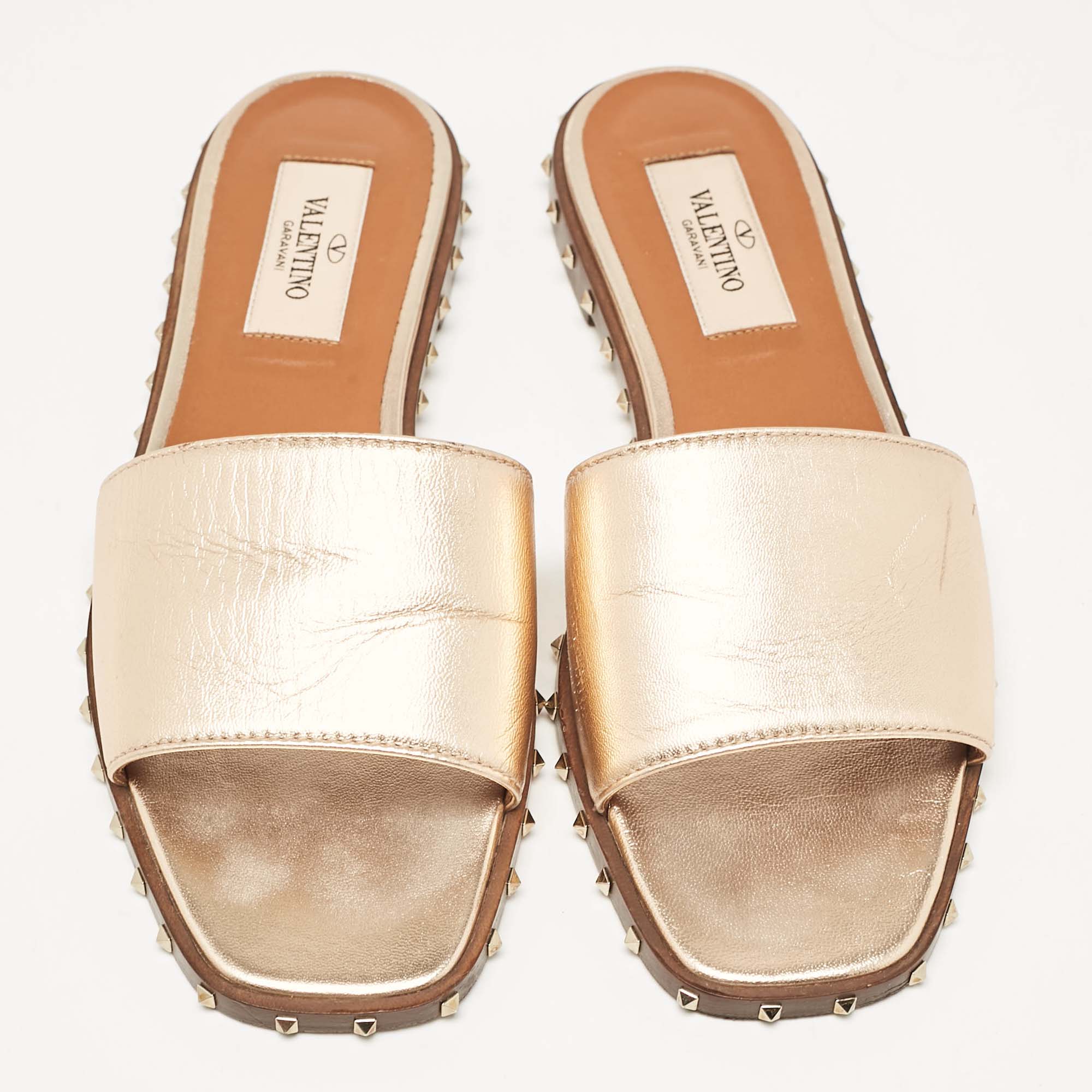 Valentino Metallic Leather Soul Rockstud Flat Slides Size 35