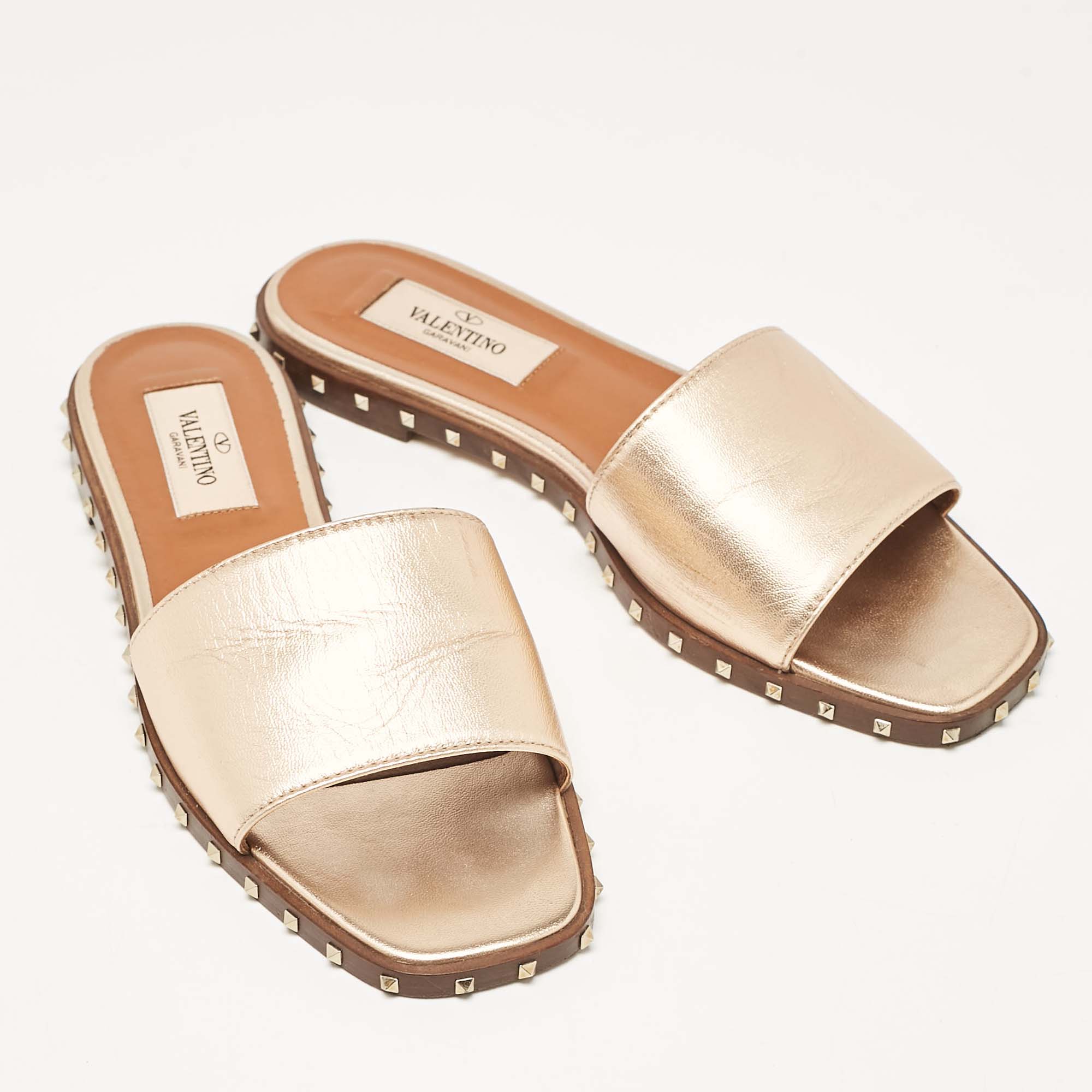 Valentino Metallic Leather Soul Rockstud Flat Slides Size 35