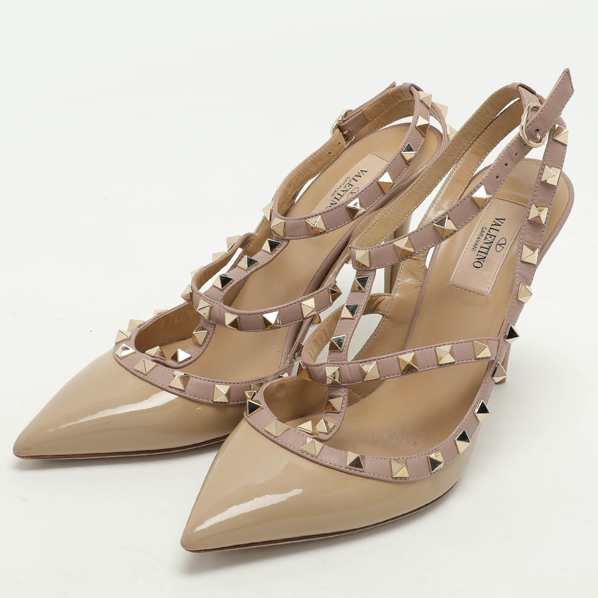 Valentino Beige Leather And Patent Leather Rockstud Pumps Size 40.5