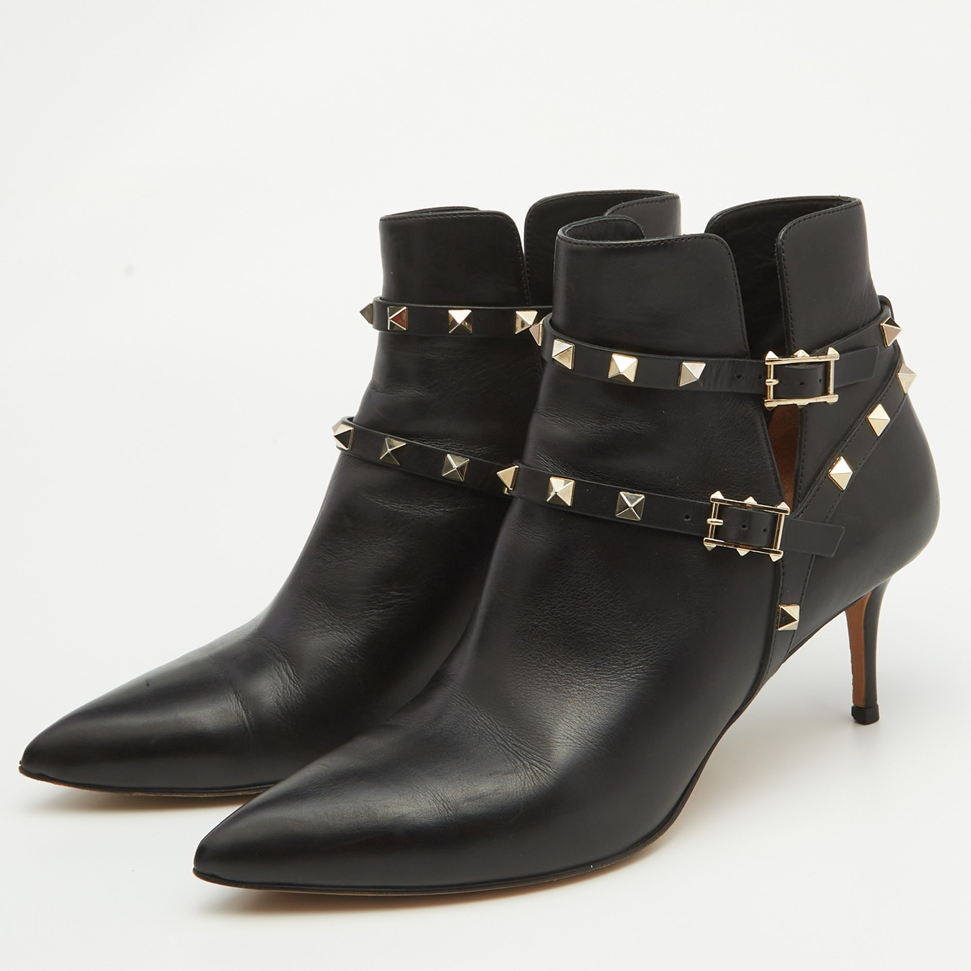 Valentino Black Leather Rockstud Ankle Length Boots Size 41