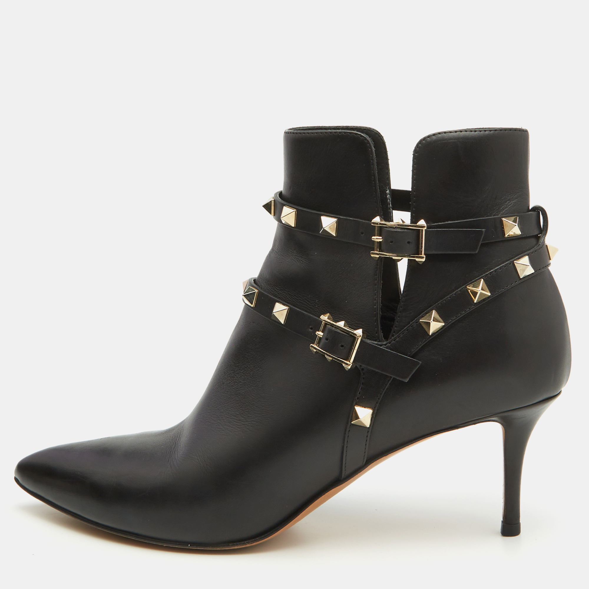 Valentino Black Leather Rockstud Ankle Length Boots Size 41