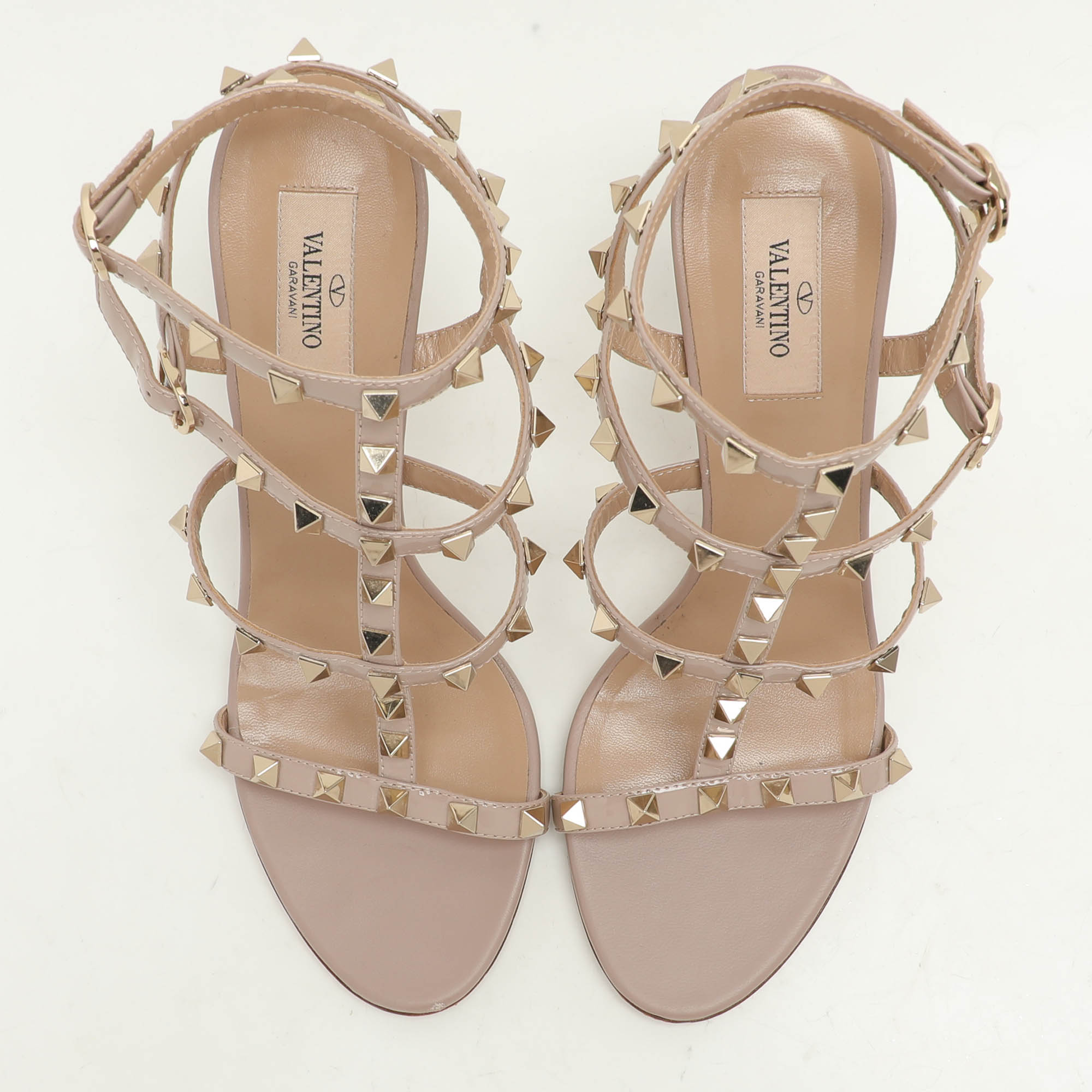 Valentino Beige Patent Leather Rockstud Ankle Strap Sandals Size 39.5