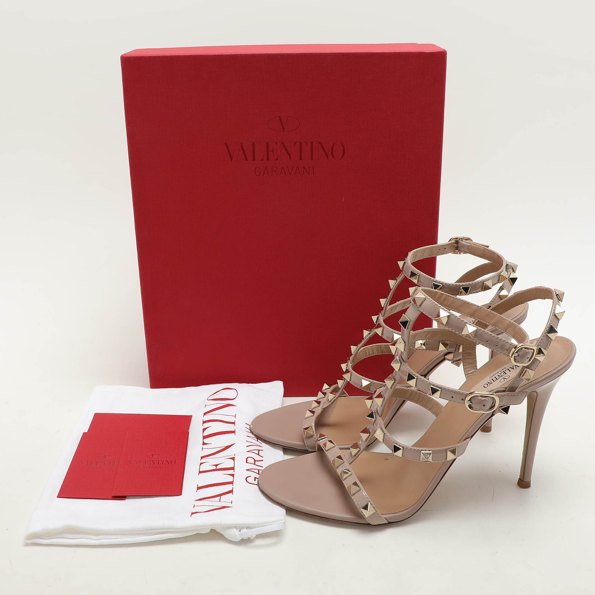 Valentino Beige Patent Leather Rockstud Ankle Strap Sandals Size 39.5