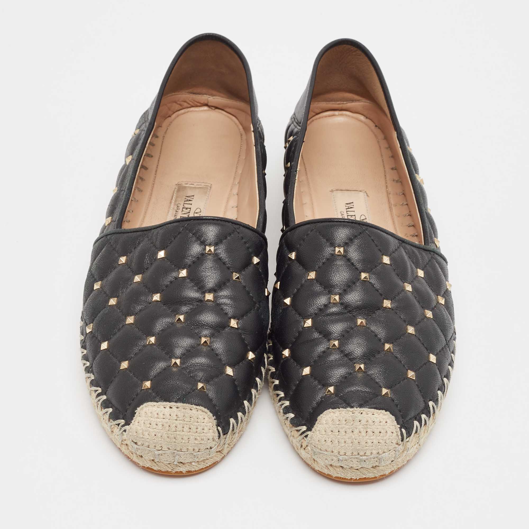 Valentino Black Leather Rockstud Espadrille Flats Size 39