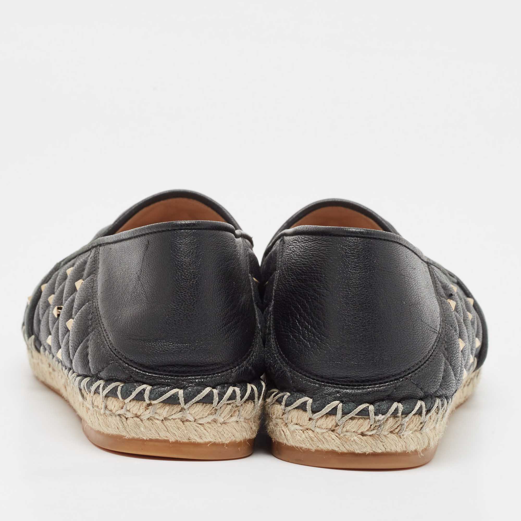 Valentino Black Leather Rockstud Espadrille Flats Size 39