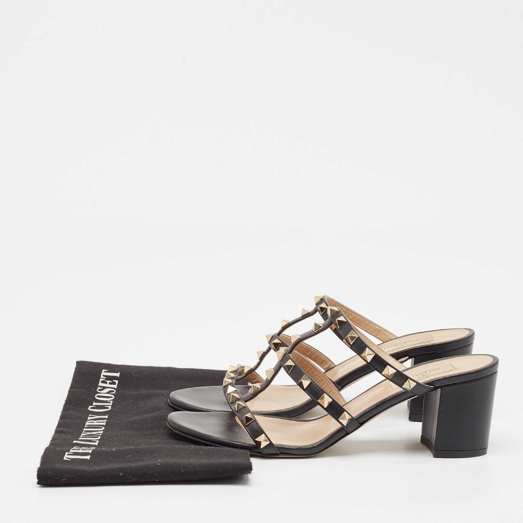 Valentino Black Leather Rockstud Slide Sandals Size 39.5