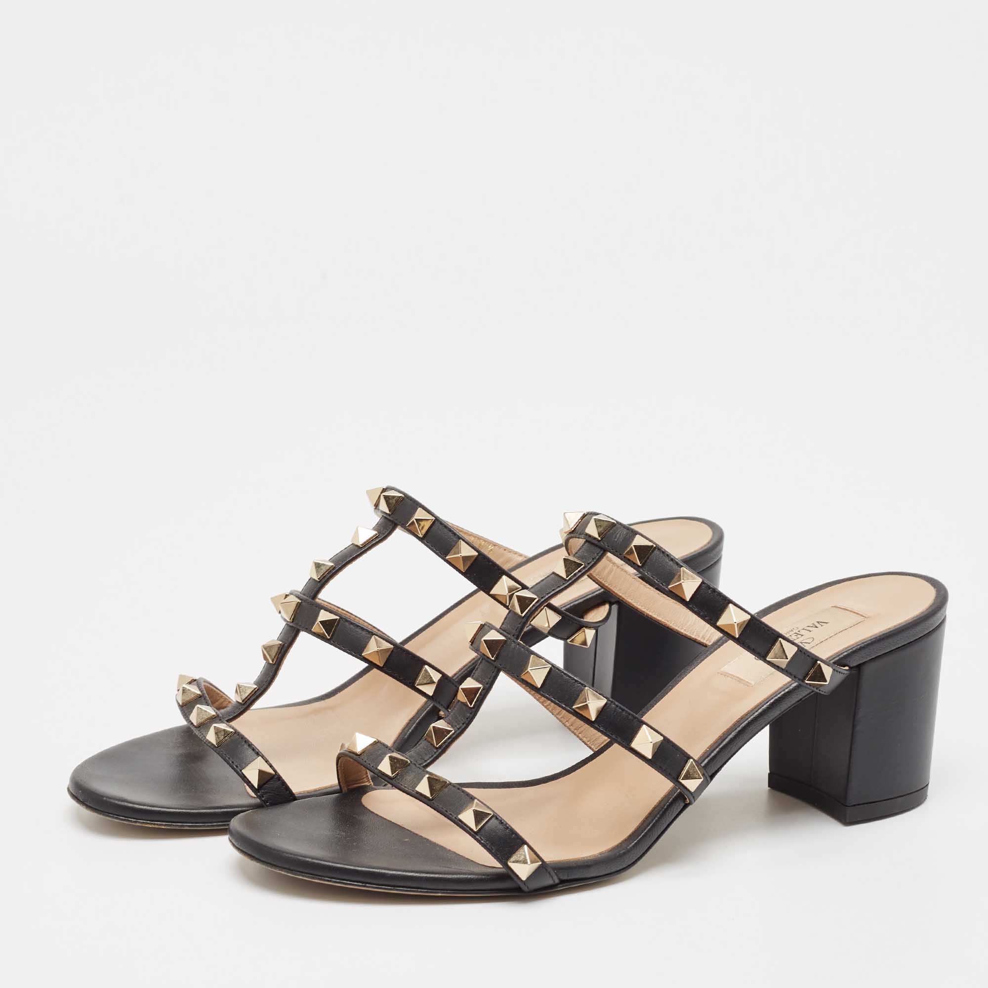 Valentino Black Leather Rockstud Slide Sandals Size 39.5