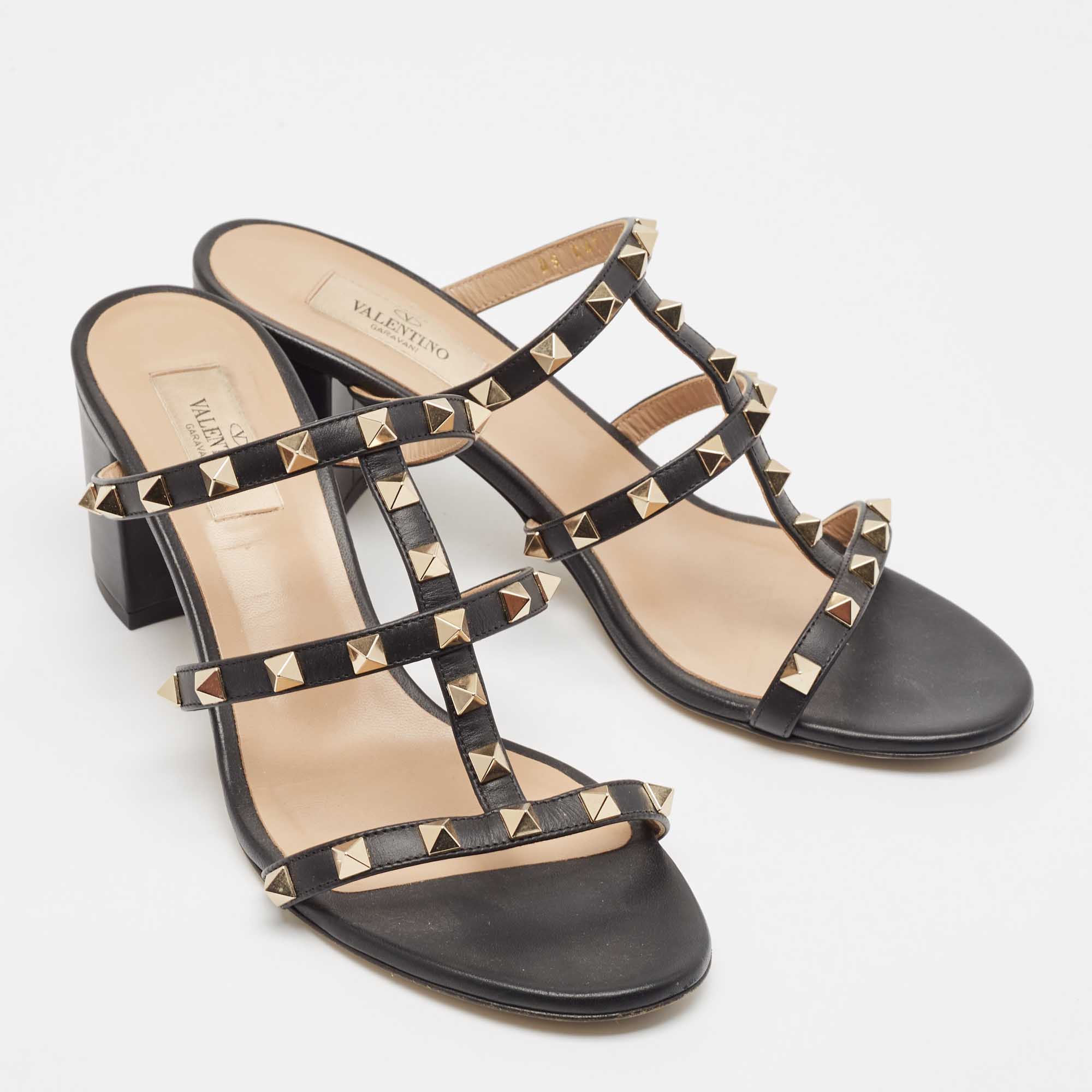 Valentino Black Leather Rockstud Slide Sandals Size 39.5