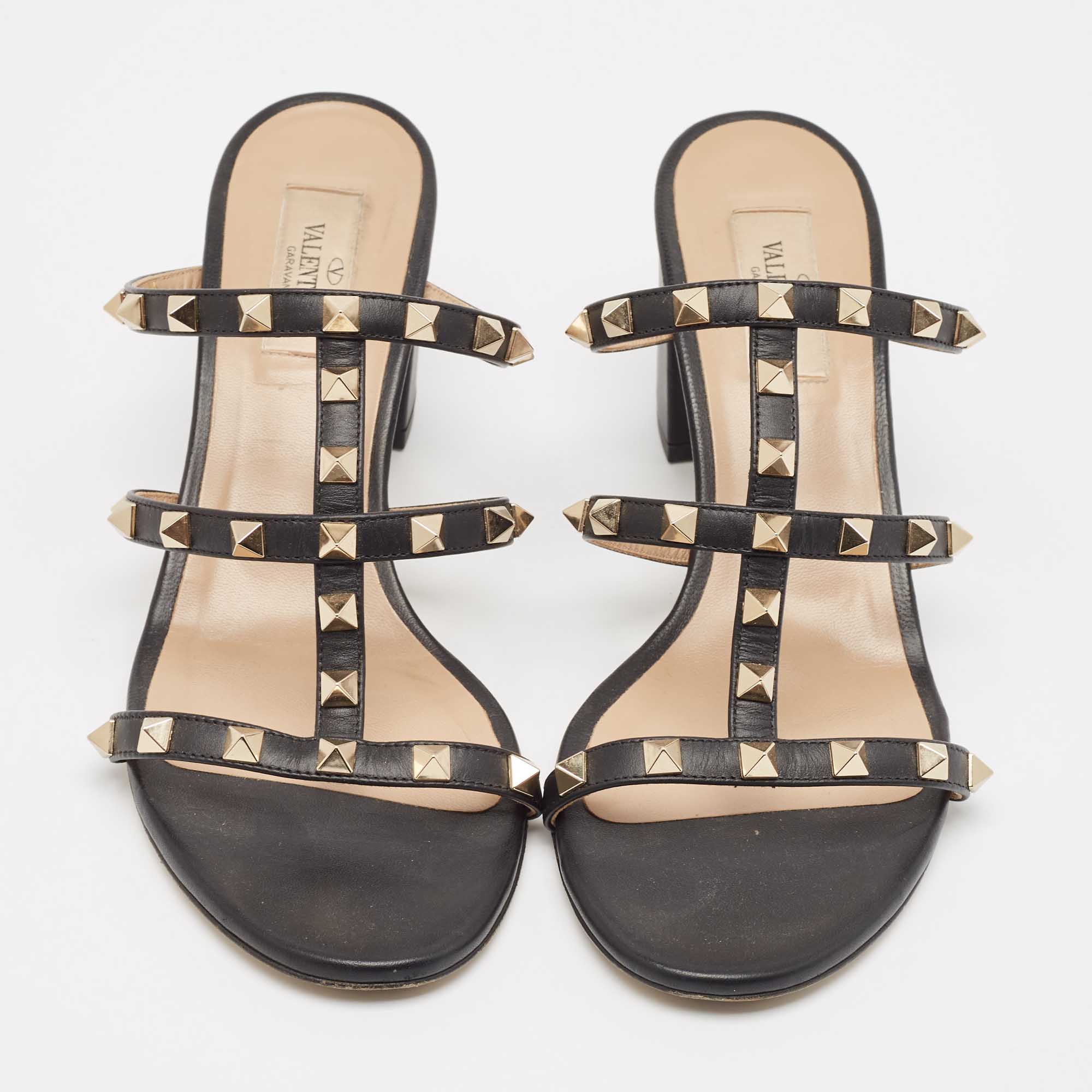 Valentino Black Leather Rockstud Slide Sandals Size 39.5