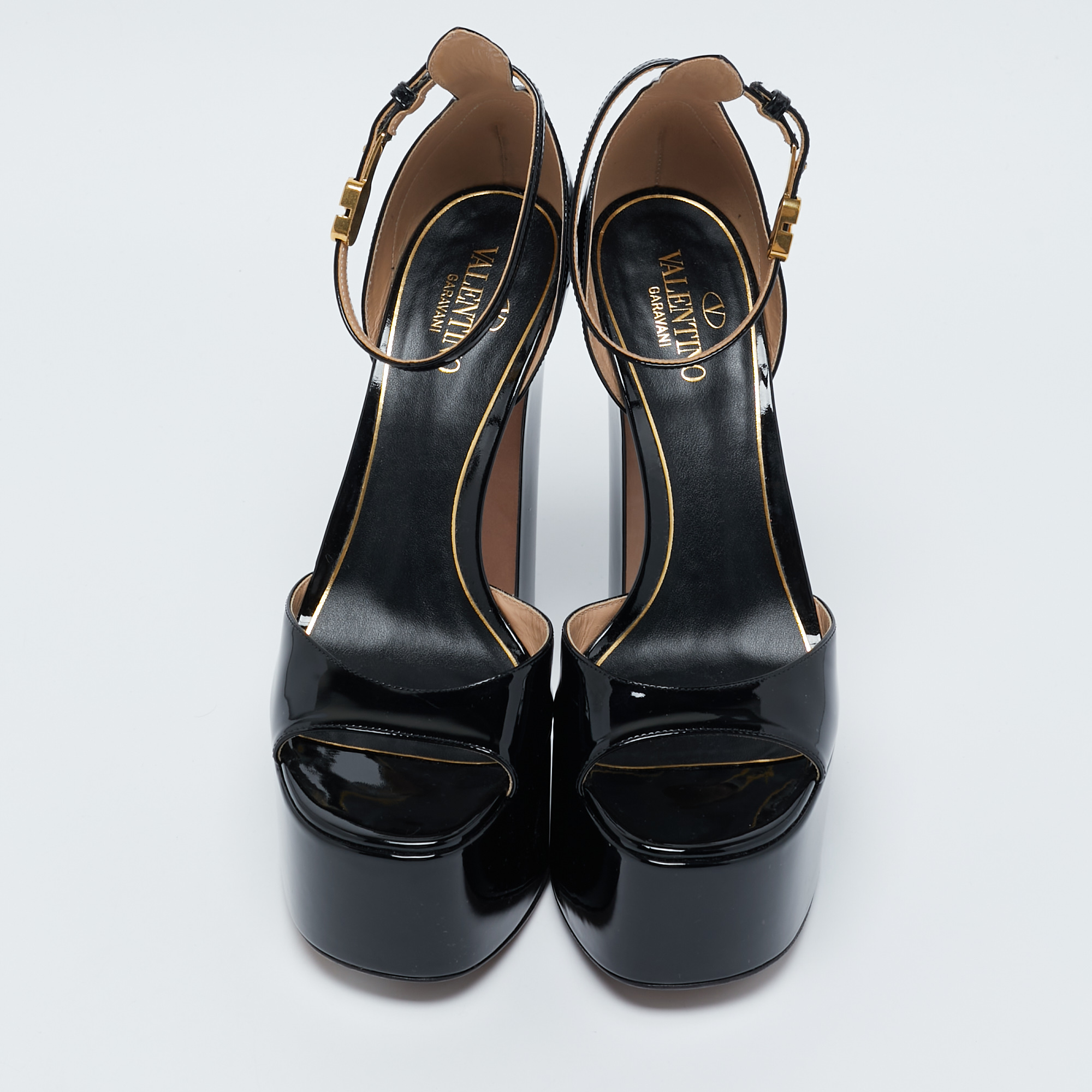 Valentino Black Patent Leather Tan-Go Platform Sandals Size 39