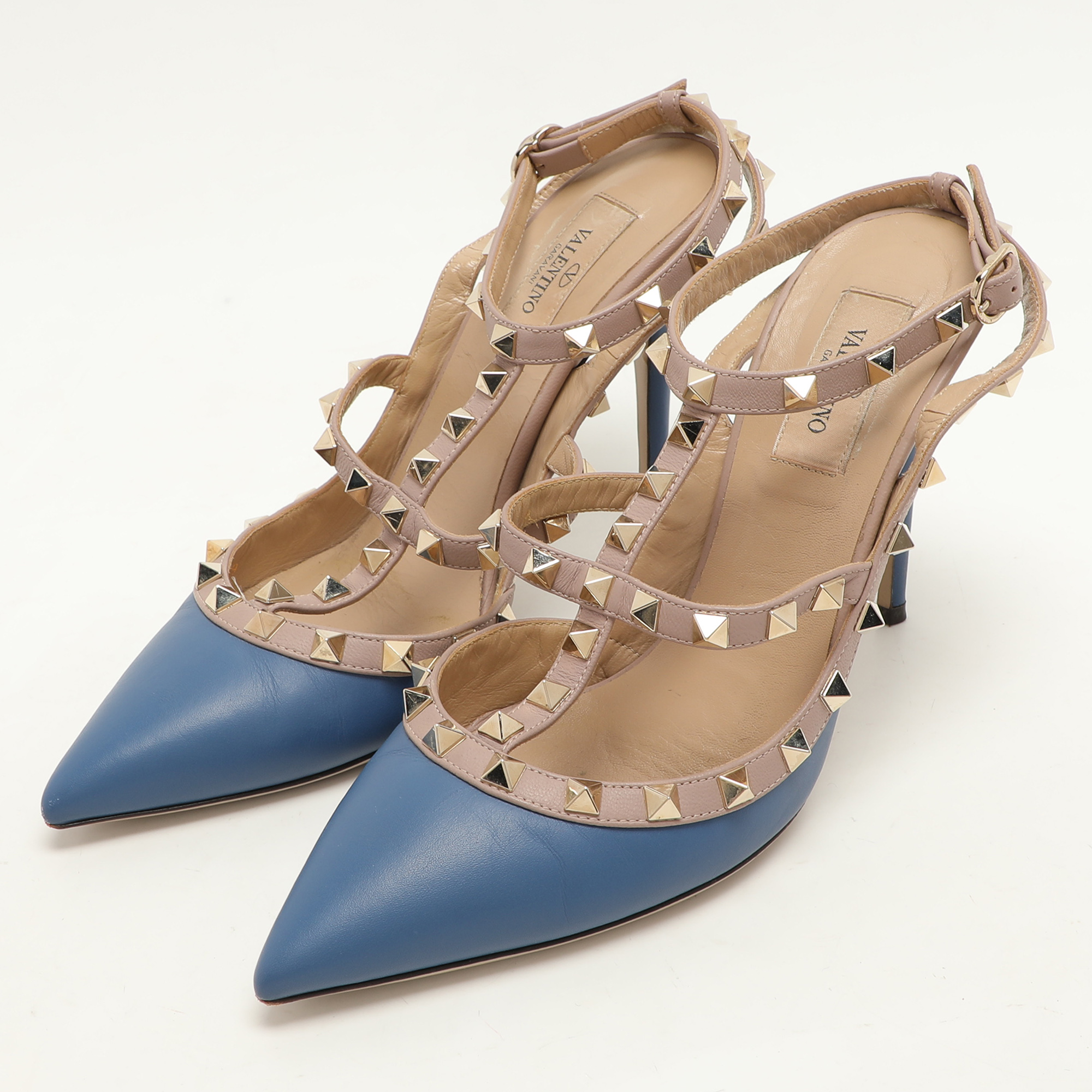 Valentino Blue/Beige Leather Rockstud Ankle Strap Pumps Size 39