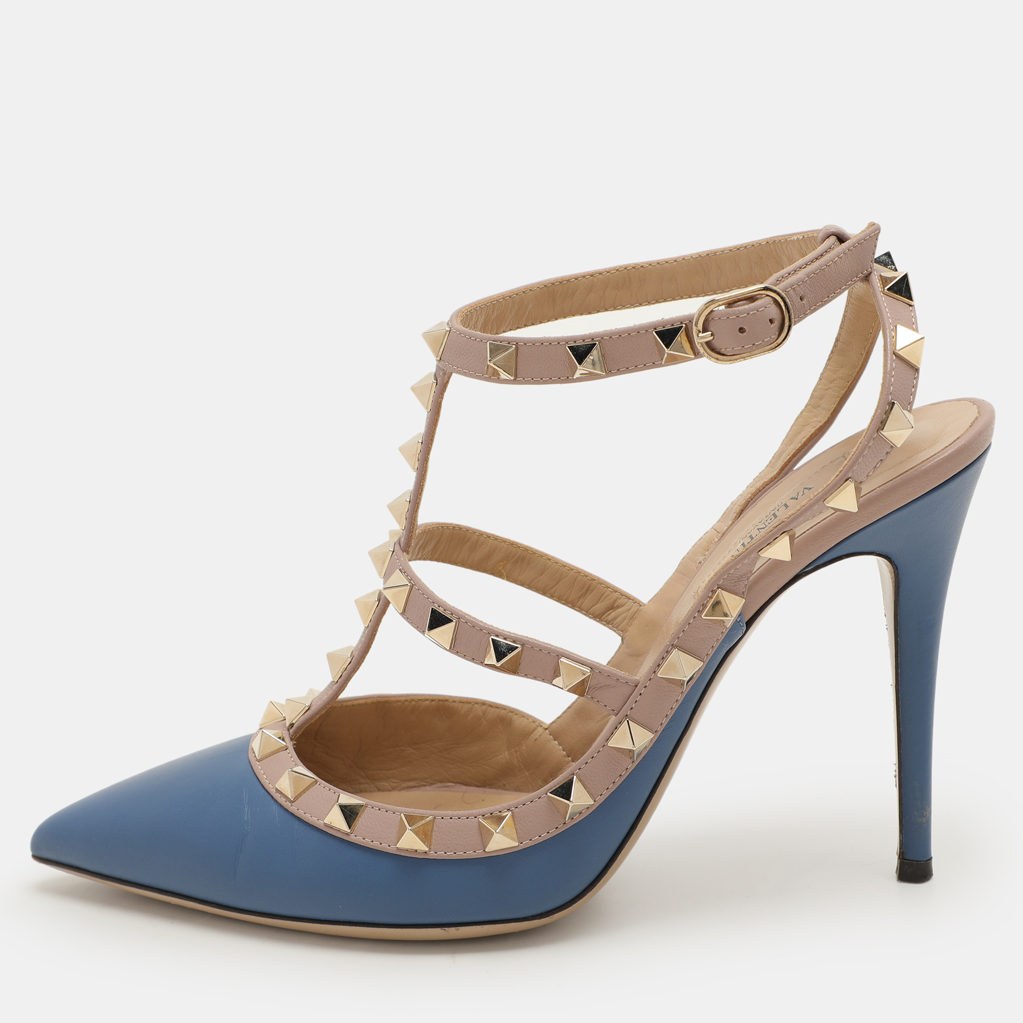 Valentino Blue/Beige Leather Rockstud Ankle Strap Pumps Size 39