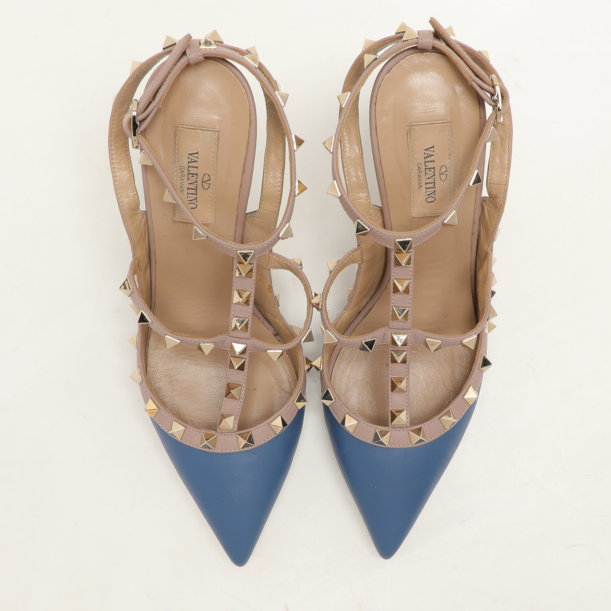 Valentino Blue/Beige Leather Rockstud Ankle Strap Pumps Size 39