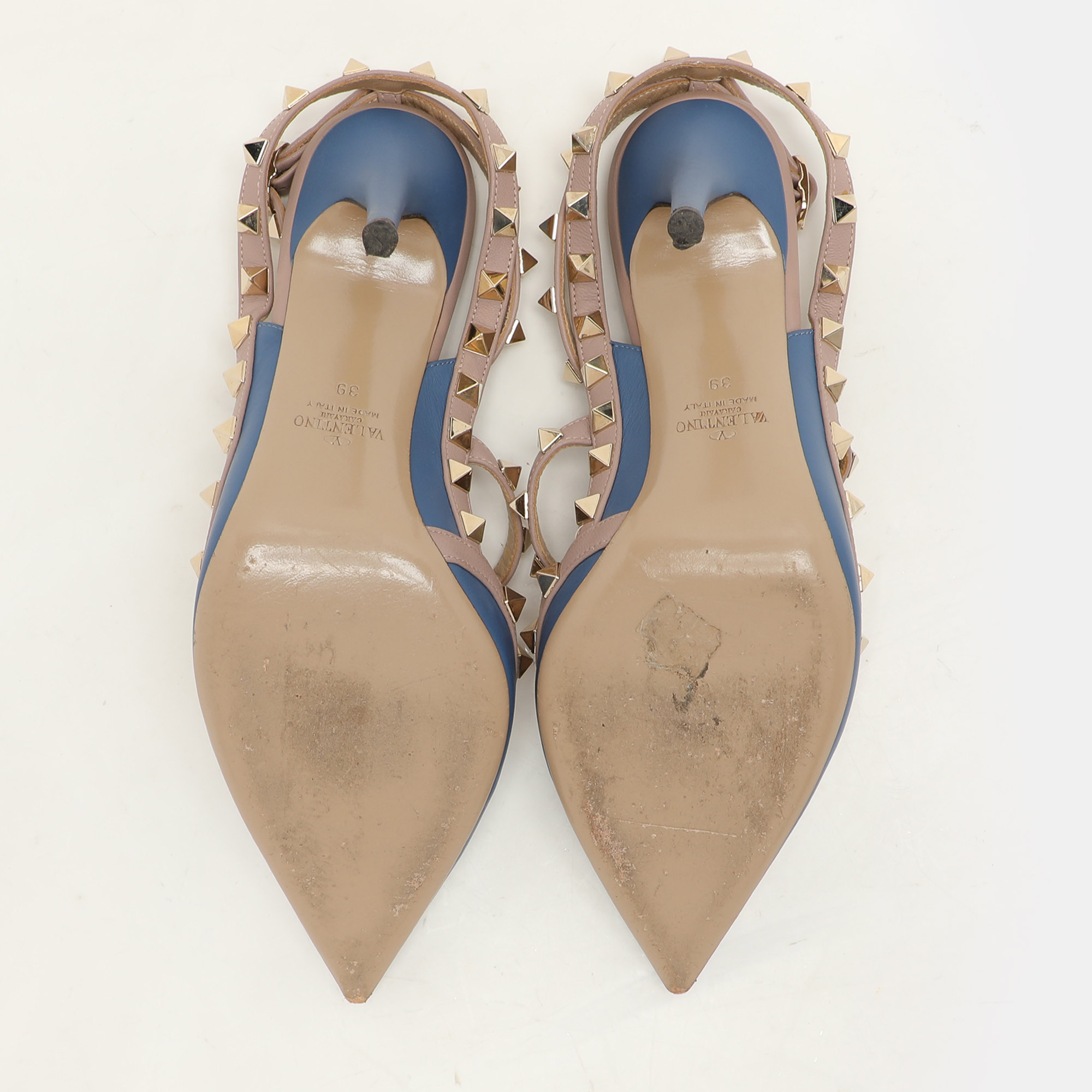 Valentino Blue/Beige Leather Rockstud Ankle Strap Pumps Size 39