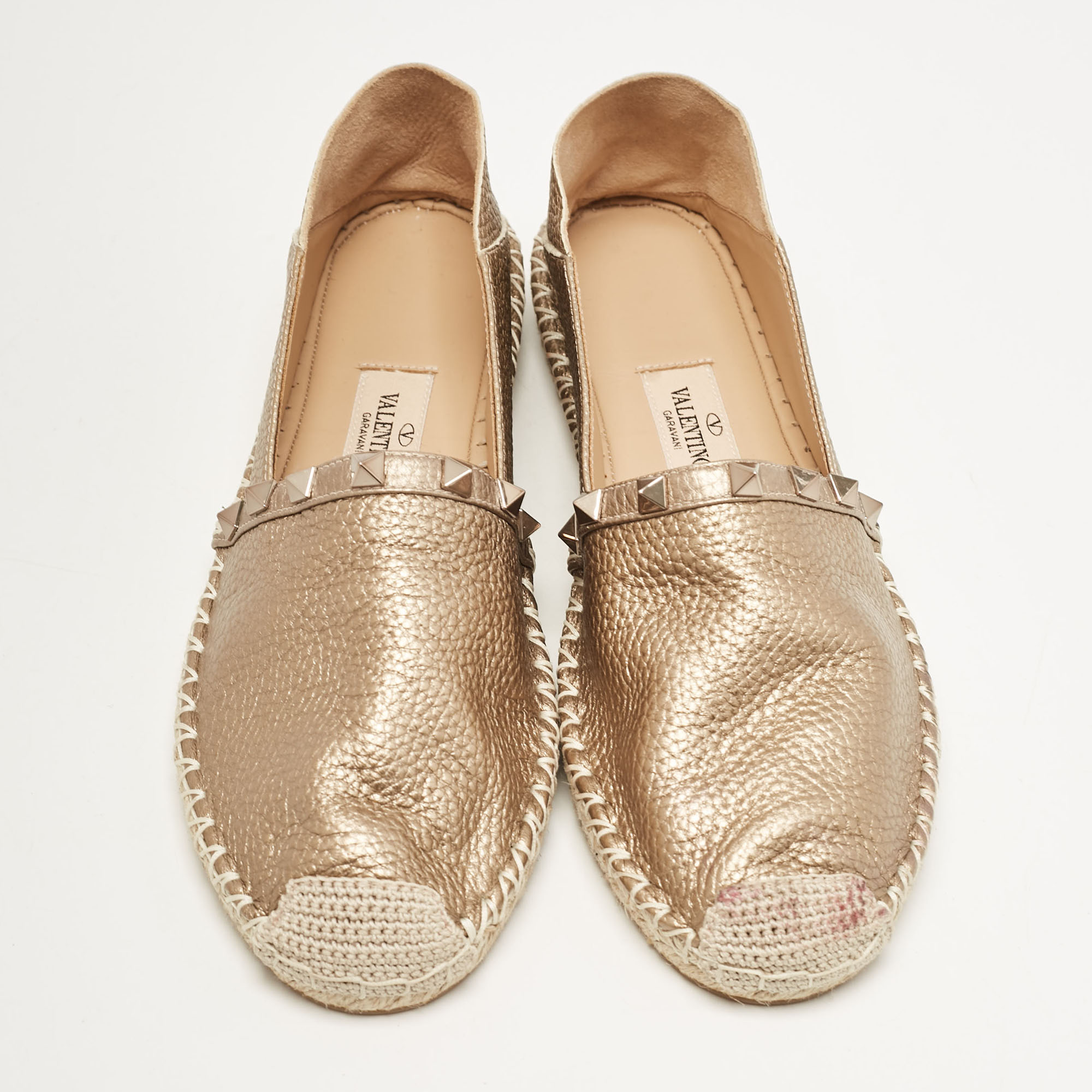 Valentino Rose Gold Leather Rockstud Espadrille Flats Size 38