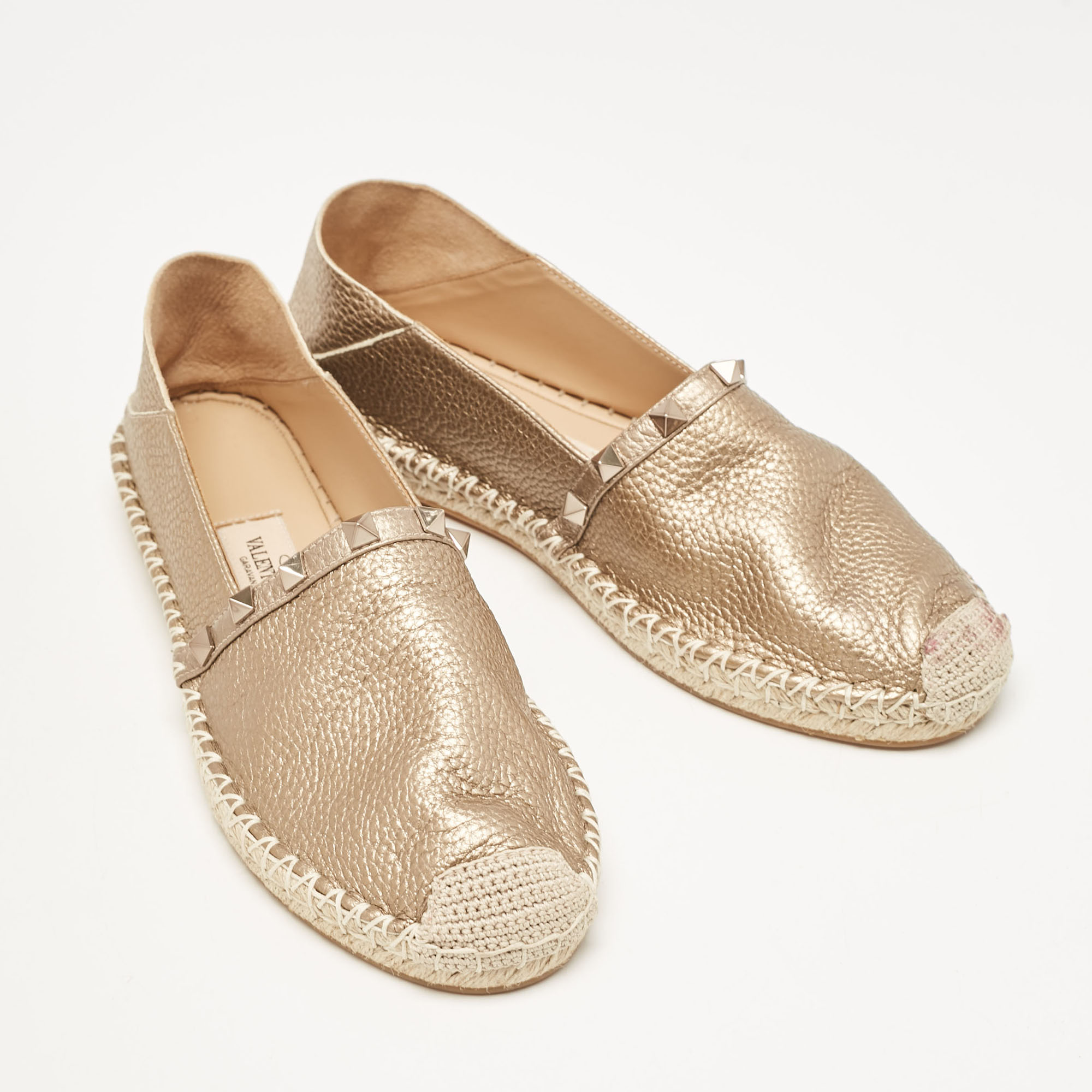 Valentino Rose Gold Leather Rockstud Espadrille Flats Size 38