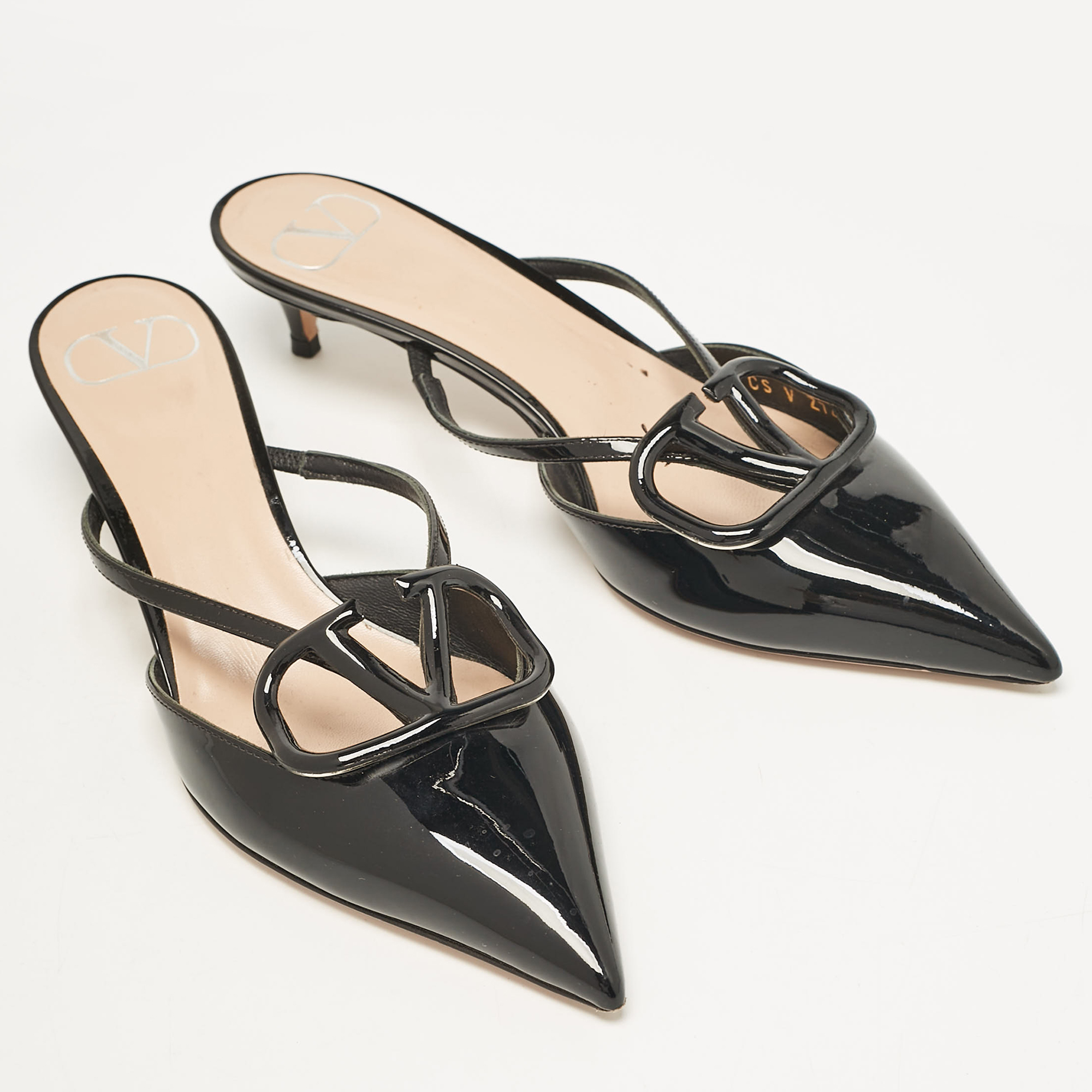 Valentino Black Patent Leather Escape V Logo Pointed Toe Mules Size 36