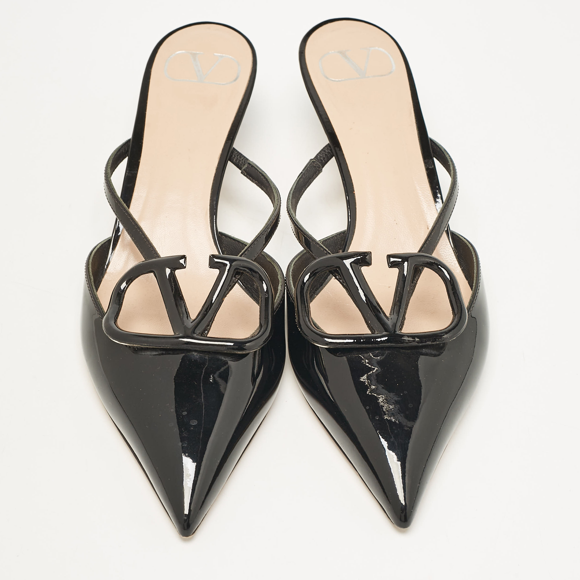 Valentino Black Patent Leather Escape V Logo Pointed Toe Mules Size 36