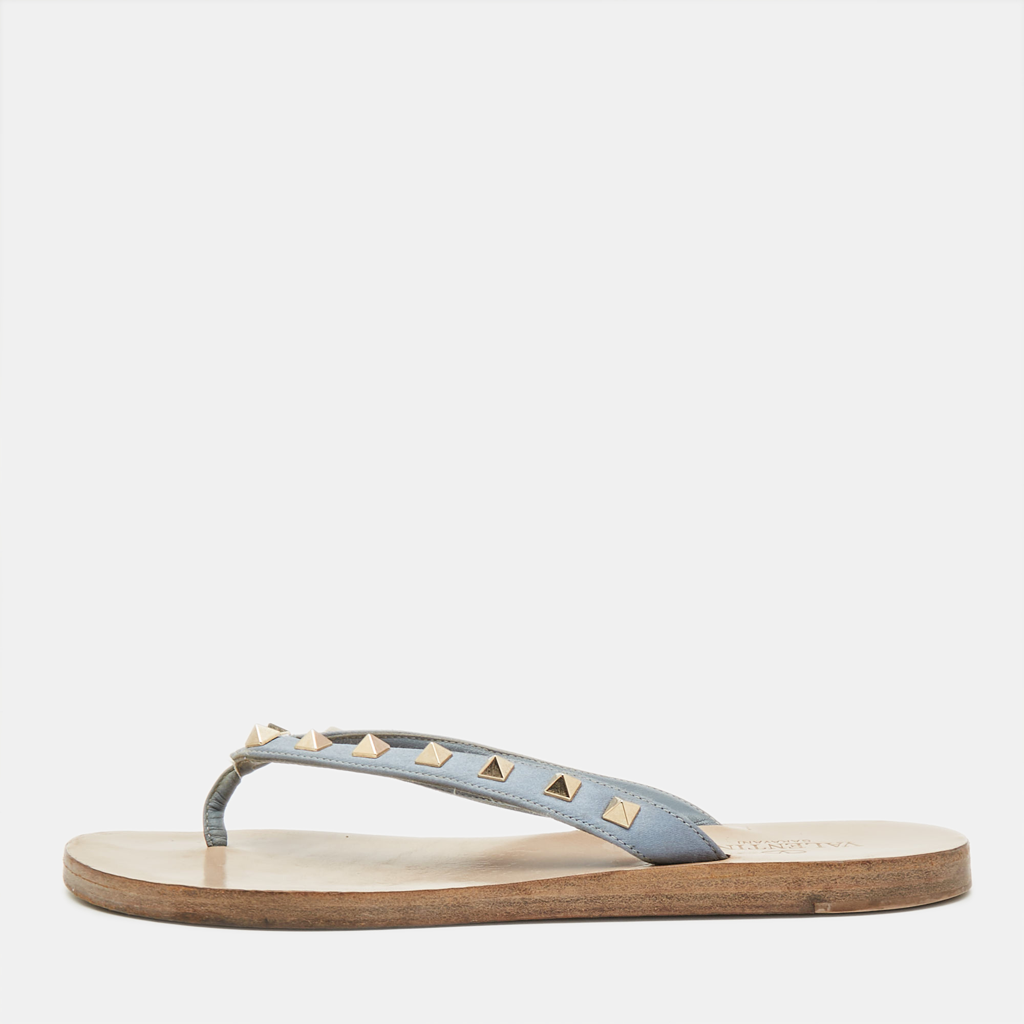 Valentino Blue Leather Rockstud Thong Flats Size 38