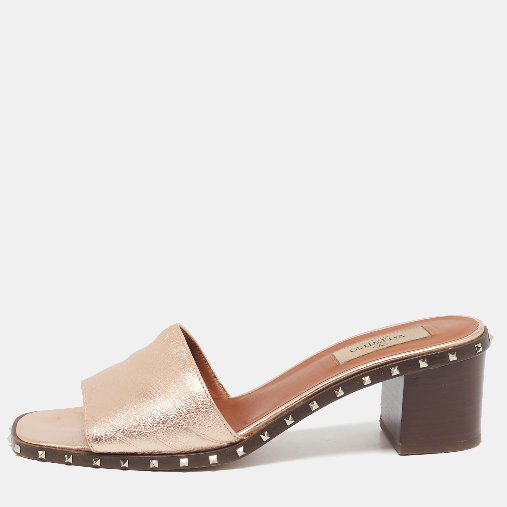 Valentino Rose Gold Leather Soul Rockstud Slide Sandals Size 38