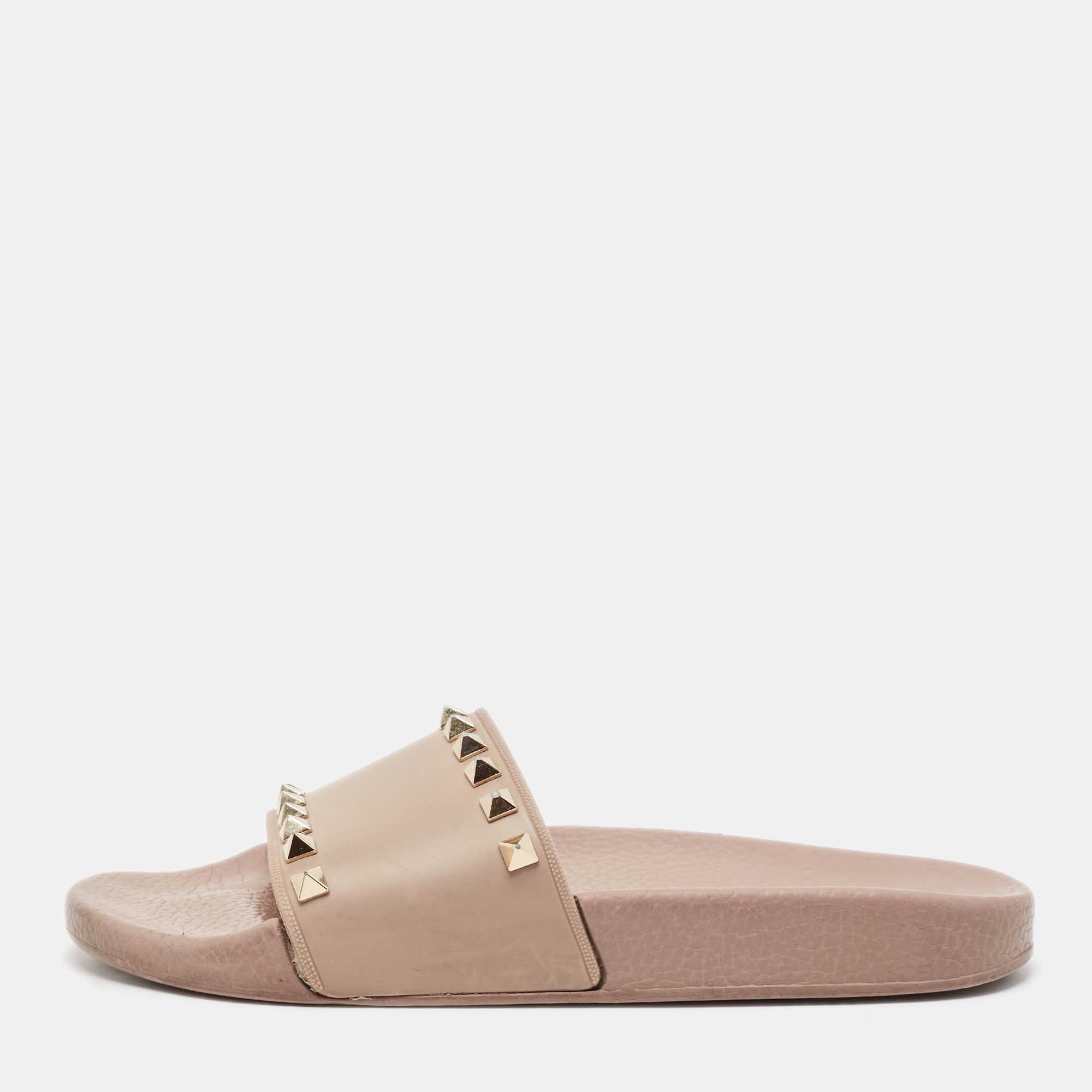 Valentino Beige Rubber Rockstud Slide Flats Size 37