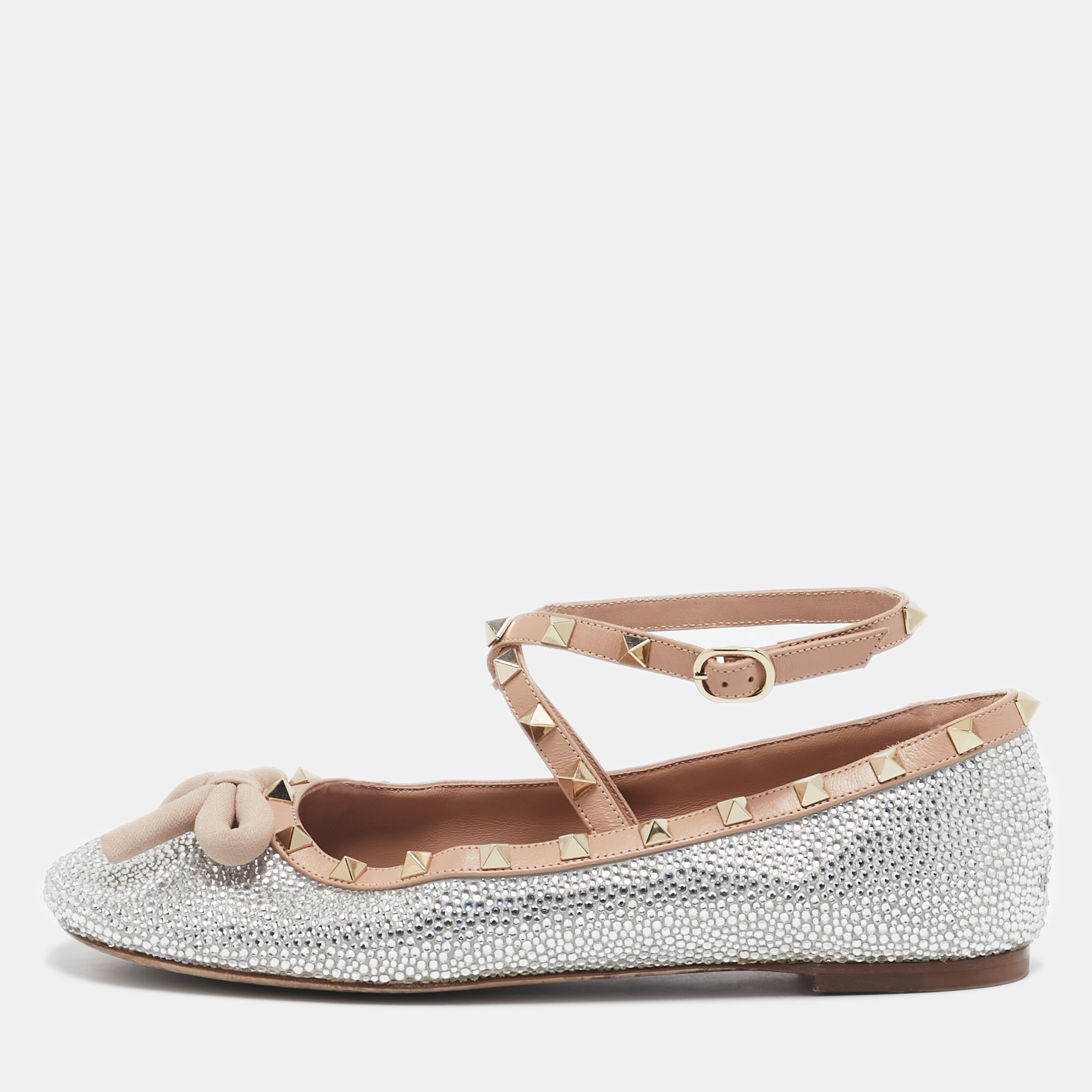 Valentino Beige/Silver Leather Crystal Embellished Rockstud Ballet Flats Size 39.5