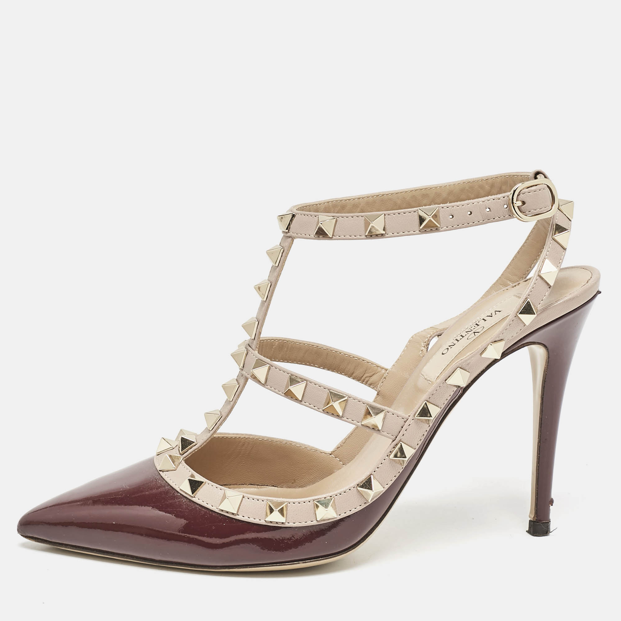 Valentino Burgundy/Beige Patent Leather and Leather Rockstud Caged Ankle Strap Pumps Size
Valentino Burgundy/Beige Patent Leather and Leather Rockstud Caged Ankle Strap Pumps Size