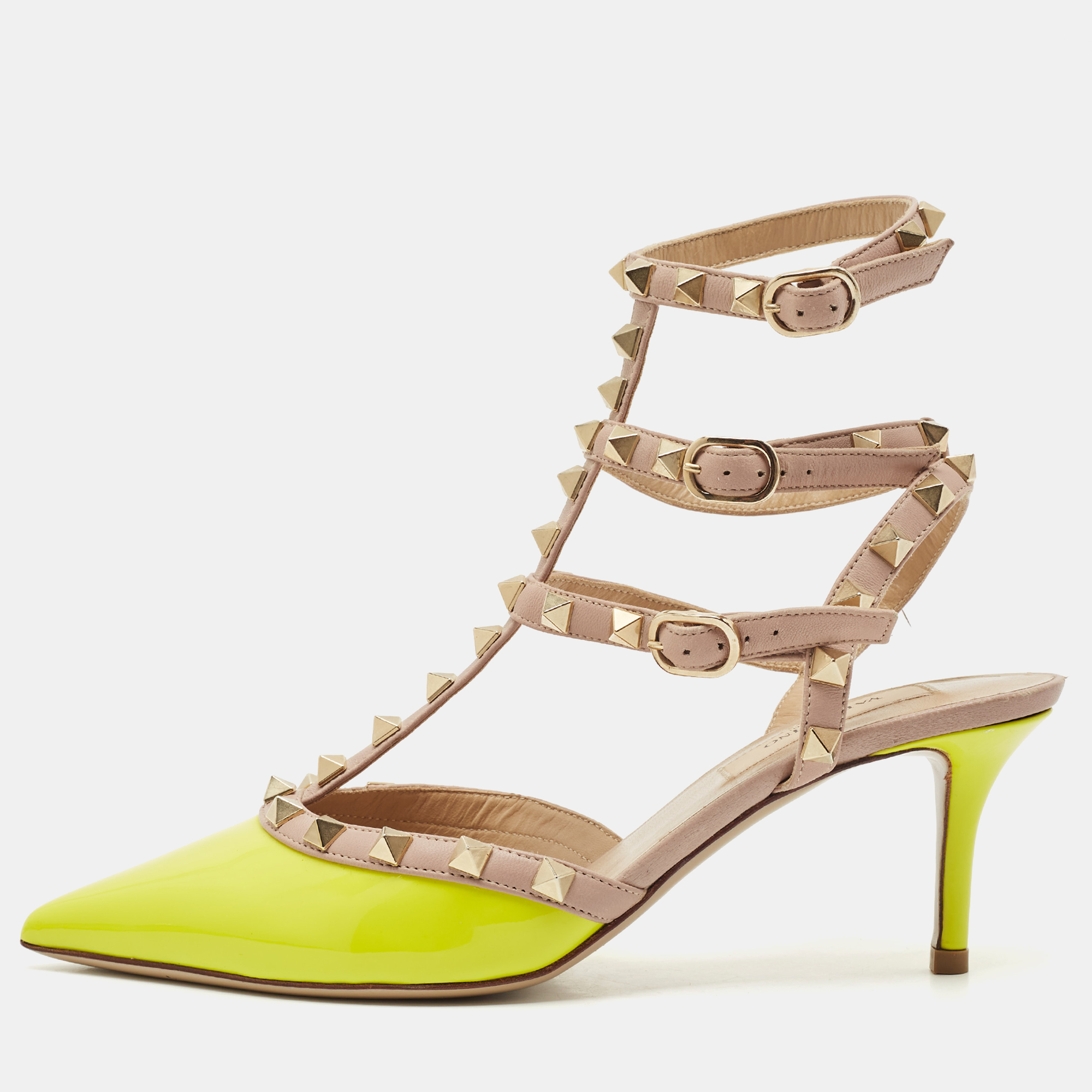 Valentino Yellow/Beige Patent Leather Rockstud Caged Ankle Strap Pumps Size
Valentino Yellow/Beige Patent Leather Rockstud Caged Ankle Strap Pumps Size