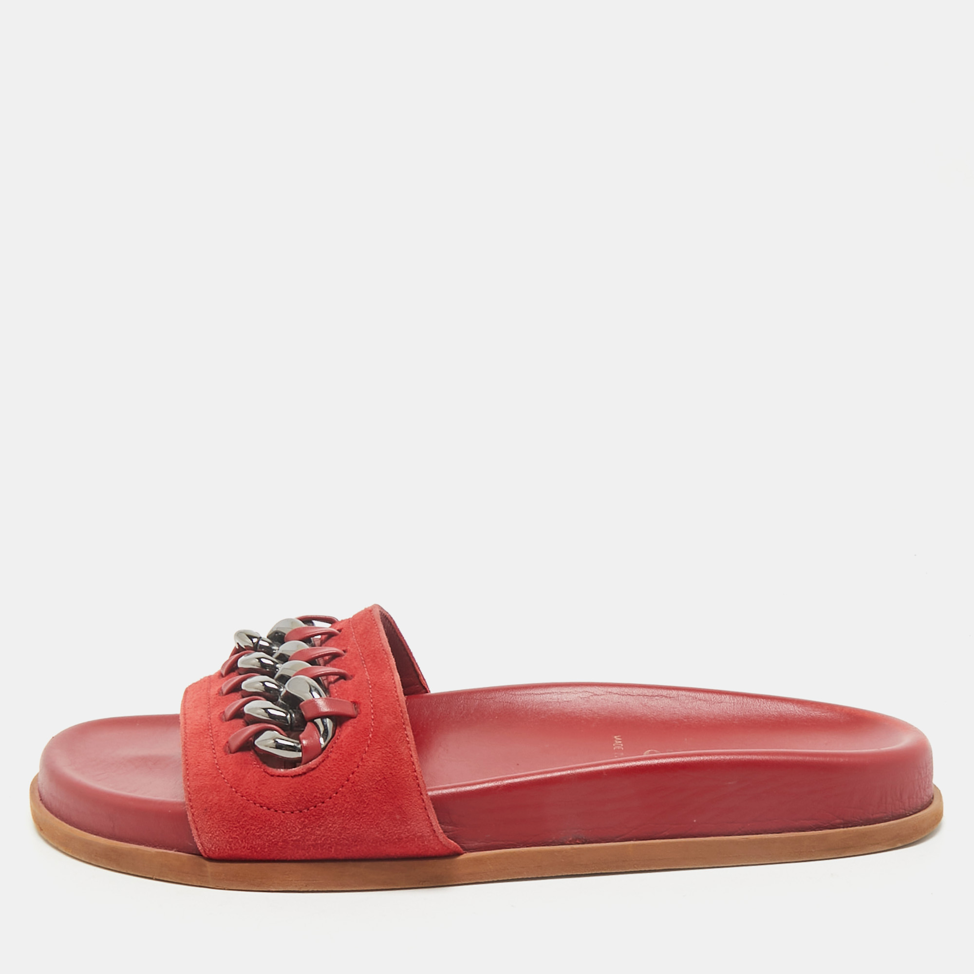 Valentino Red Leather and Suede Chain Embellished Flat Slides Size
Valentino Red Leather and Suede Chain Embellished Flat Slides Size