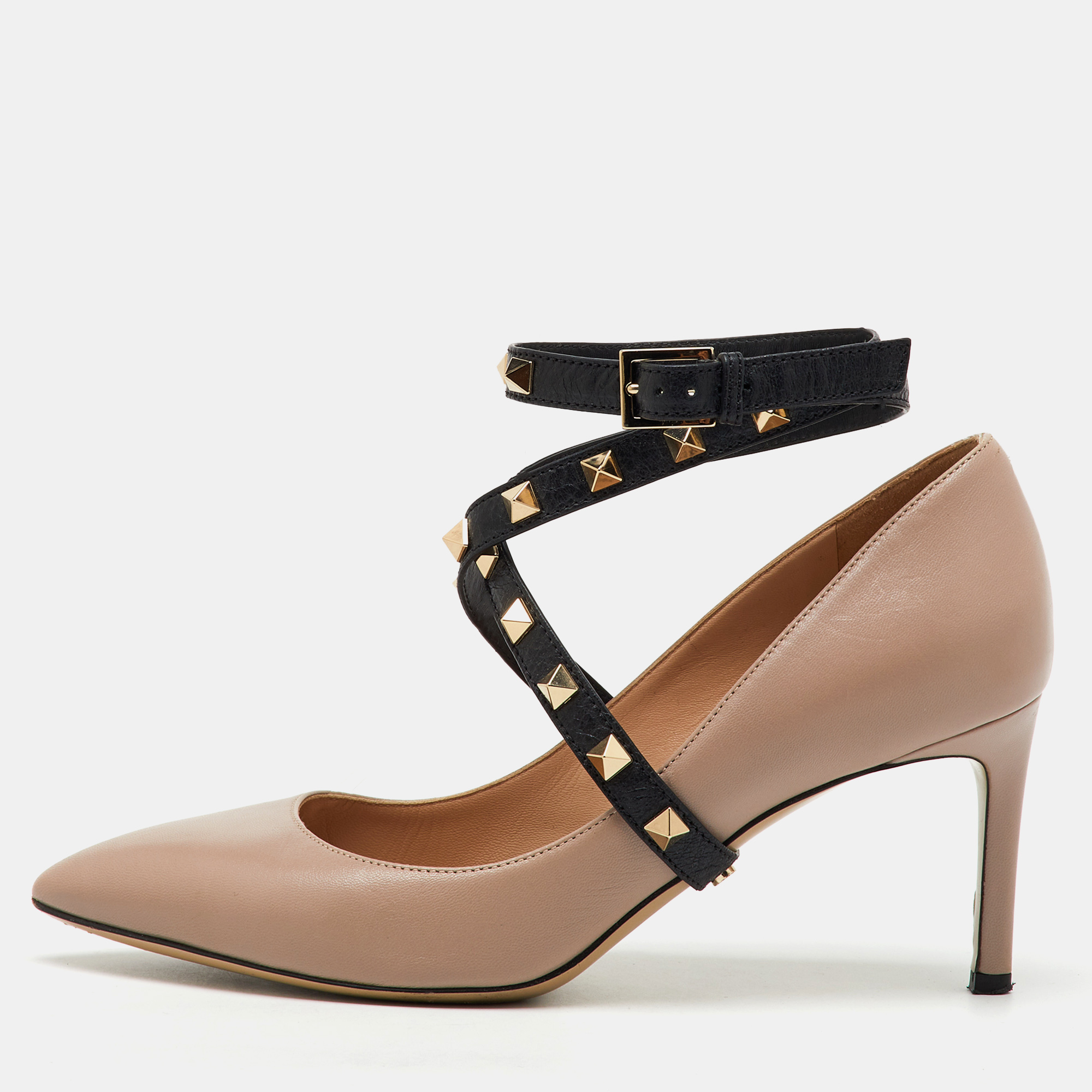 Valentino Beige/Black Leather Rockstud Ankle Wrap Pointed Toe Pumps Size
Valentino Beige/Black Leather Rockstud Ankle Wrap Pointed Toe Pumps Size