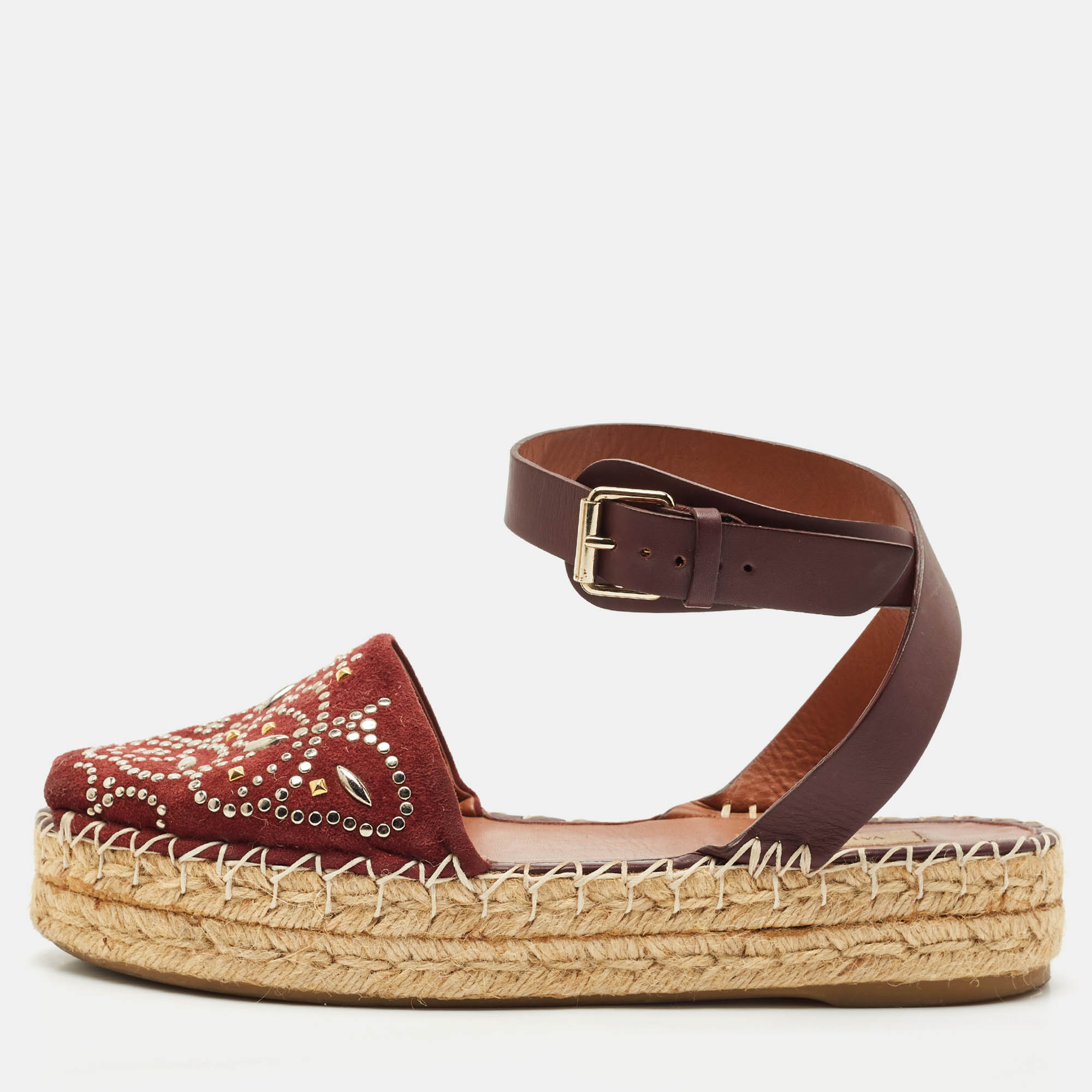 Valentino Burgundy Embellished Suede and Leather Ankle Strap Espadrille Flats Size
Valentino Burgundy Embellished Suede and Leather Ankle Strap Espadrille Flats Size