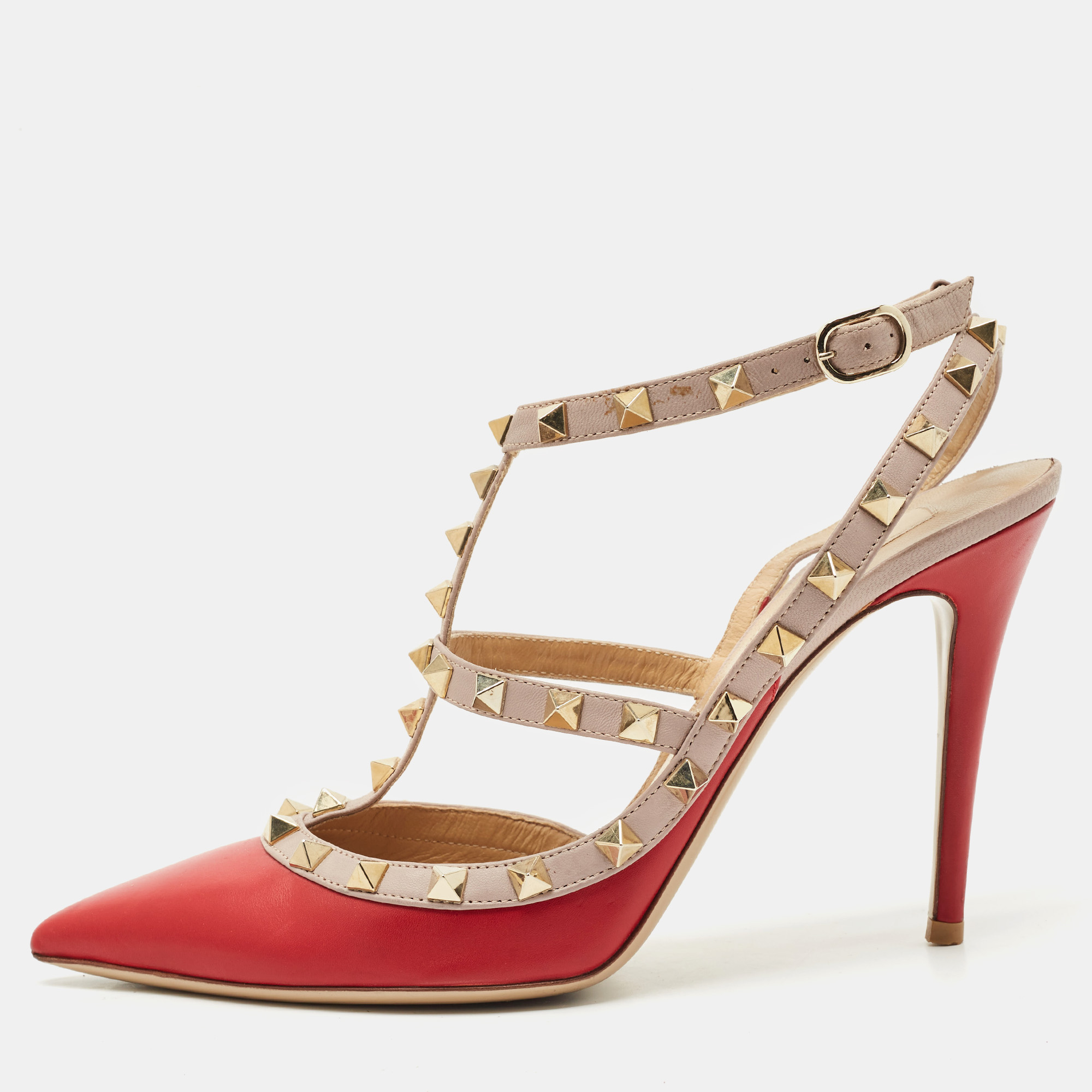 Valentino Red/Beige Leather Rockstud Caged Ankle Strap Pumps Size
Valentino Red/Beige Leather Rockstud Caged Ankle Strap Pumps Size