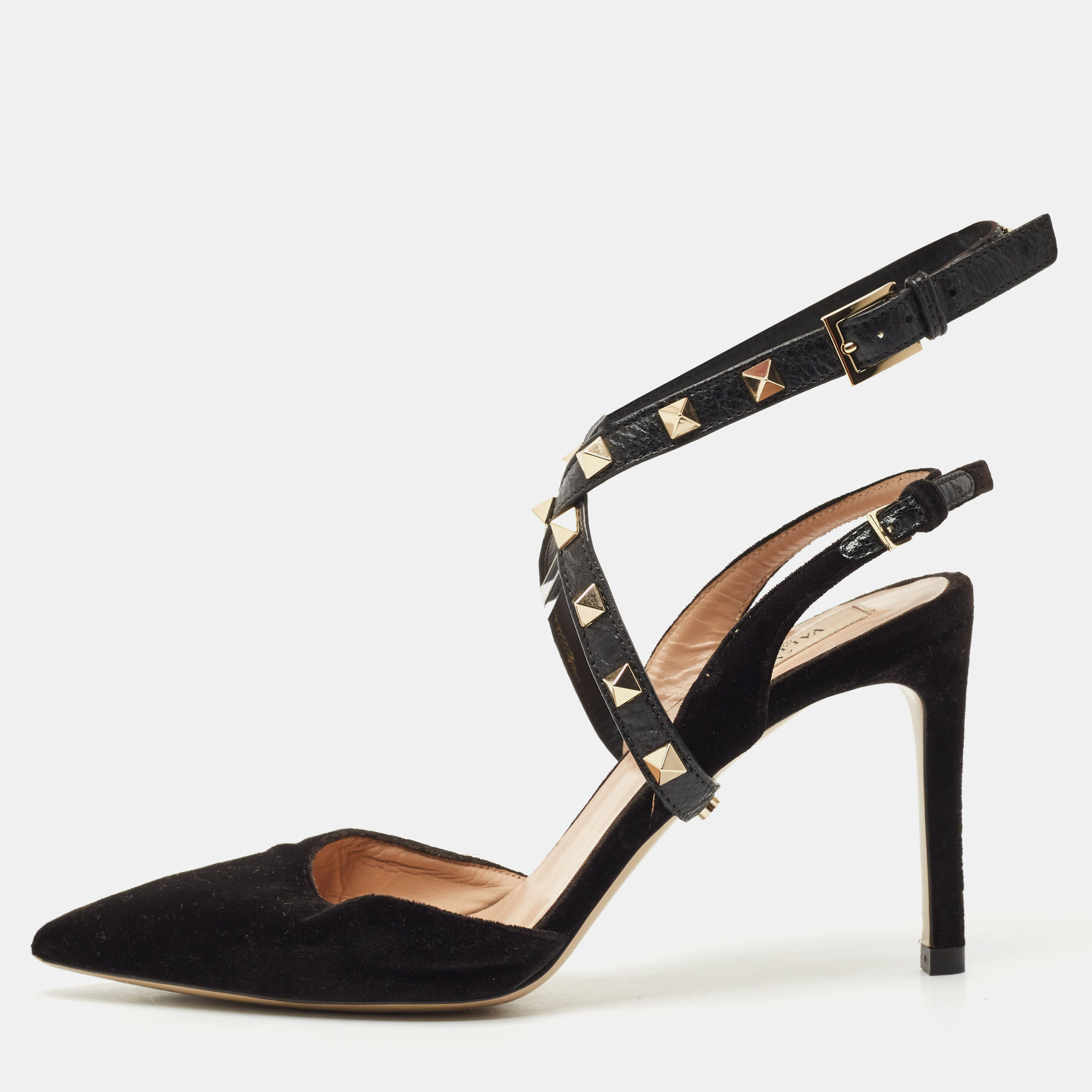 Valentino Black Velvet and Leather Rockstud Ankle Wrap Slingback Pumps Size
Valentino Black Velvet and Leather Rockstud Ankle Wrap Slingback Pumps Size
