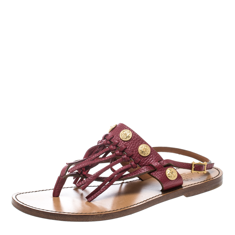 Valentino maroon leather fringed coin detail thong sandals size 37.5