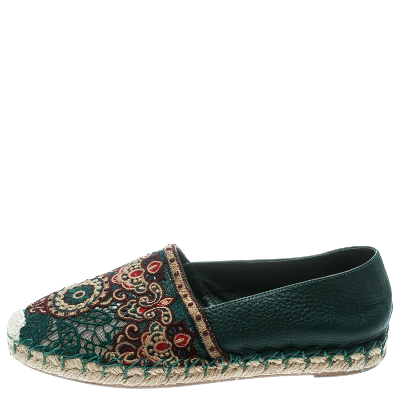Valentino Green Embroidered Leather Espadrilles Size 35