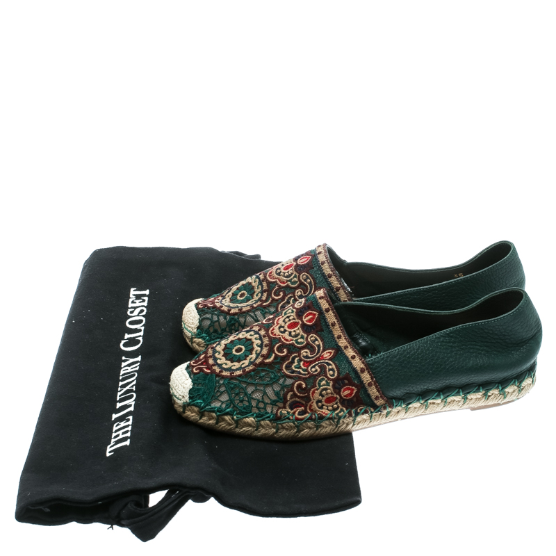 Valentino Green Embroidered Leather Espadrilles Size 35