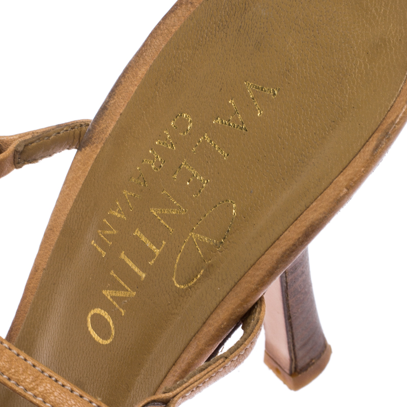 Valentino Beige Crystal Embellished Leather T Strap Sandals Size 38