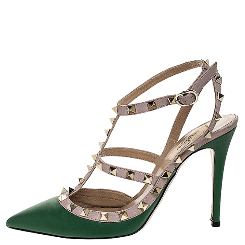 Valentino Green/Beige Leather Rockstud Ankle Strap Pointed Toe Cage Sandals Size
Valentino Green/Beige Leather Rockstud Ankle Strap Pointed Toe Cage Sandals Size