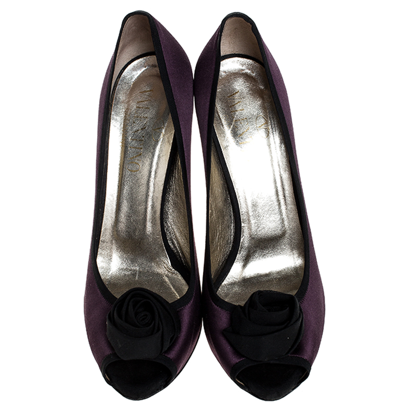Valentino Purple/Black Two Tone Satin Rosette Peep Toe Platform Pumps Size 40