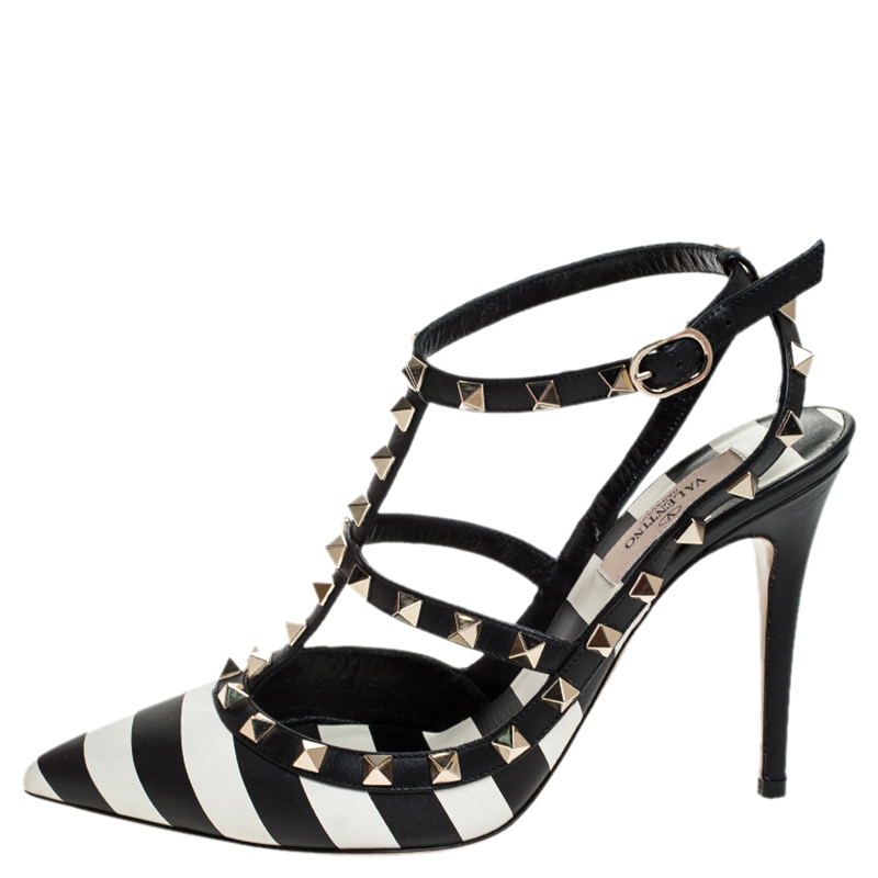 Valentino Black/White Striped Leather Rockstud Ankle Strap Cage Sandals Size
Valentino Black/White Striped Leather Rockstud Ankle Strap Cage Sandals Size